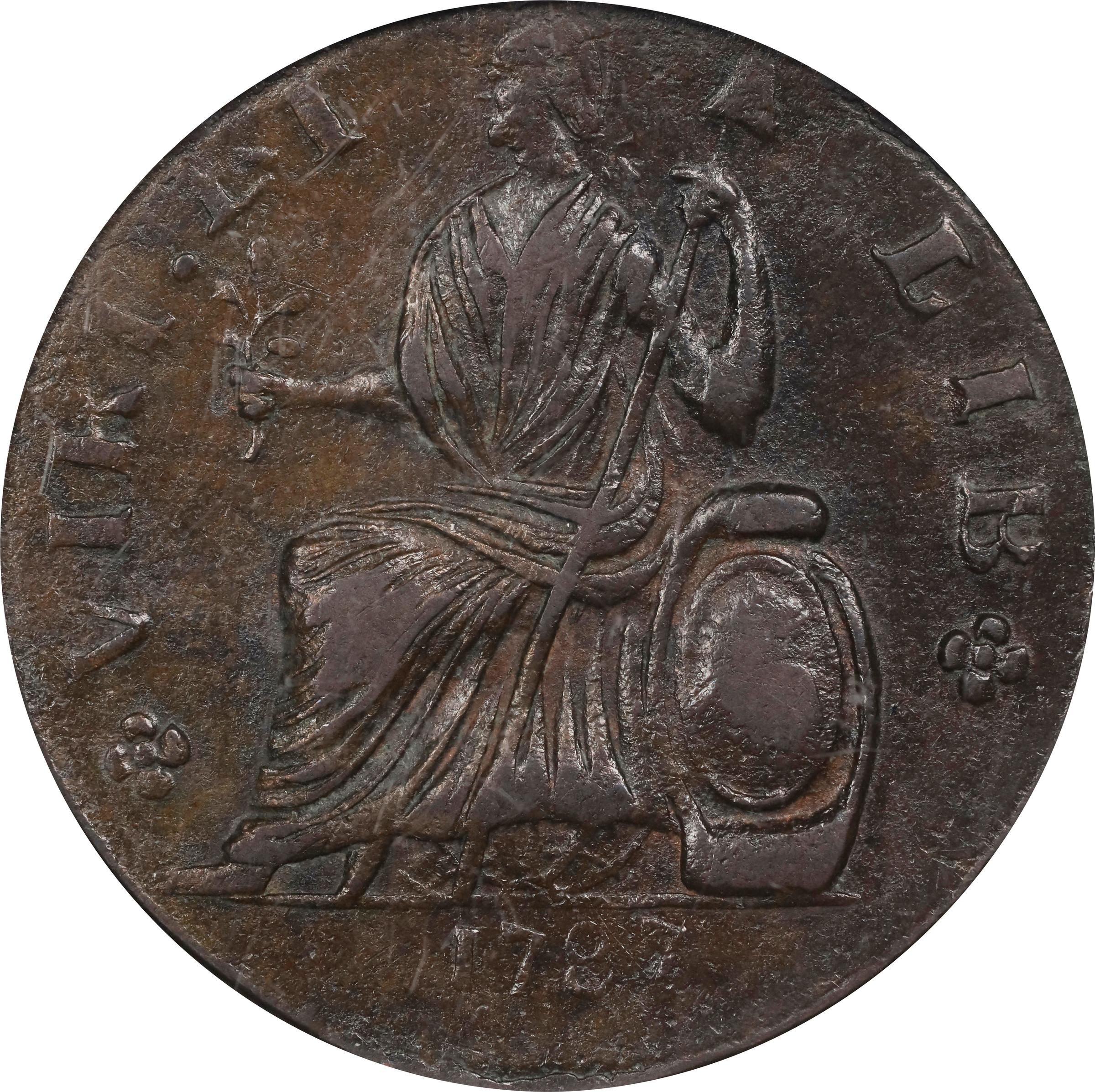 image for: 1787 Nova Eborac Copper. W-5755. Rarity-3. Medium Bust, Seated Figure Left. AU-58 (NGC).