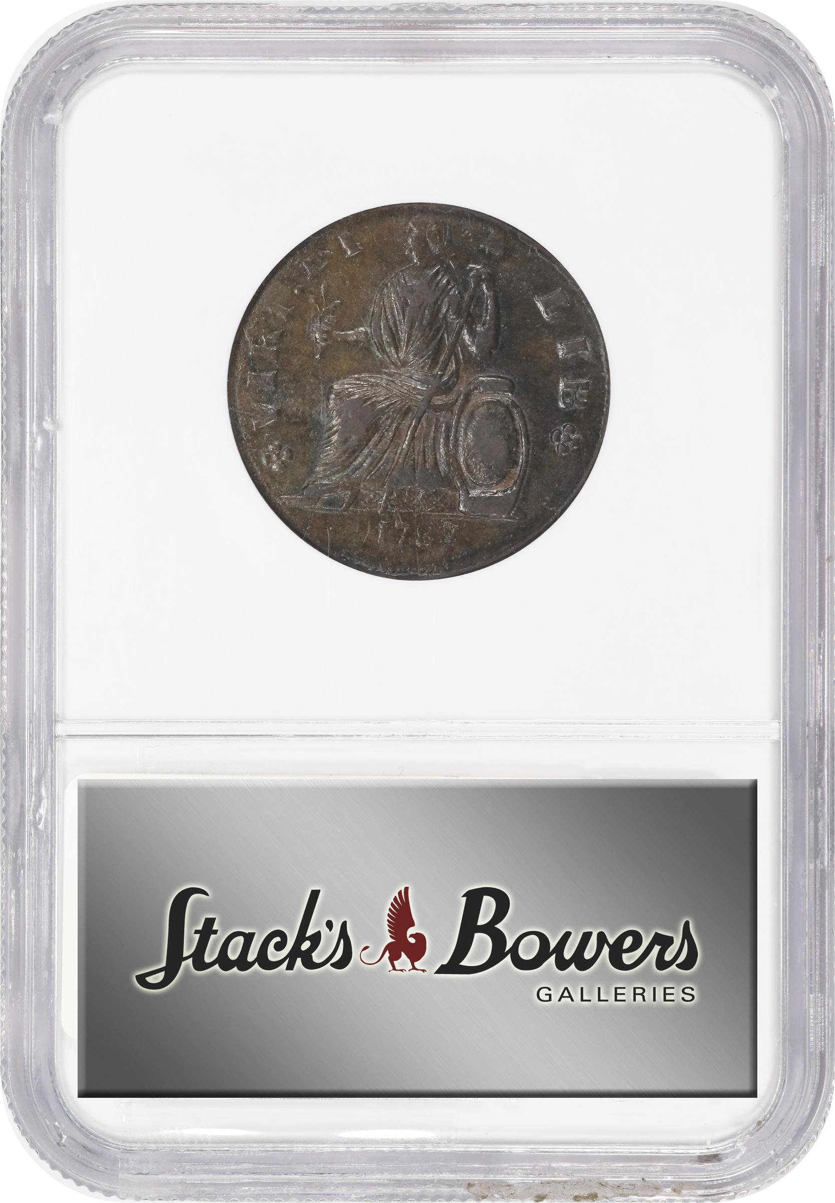 image for: 1787 Nova Eborac Copper. W-5755. Rarity-3. Medium Bust, Seated Figure Left. AU-58 (NGC).