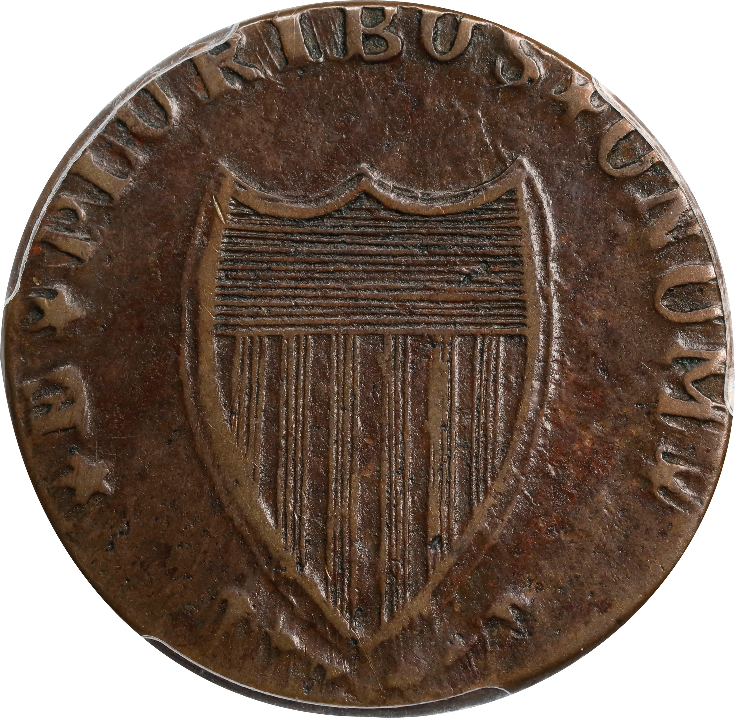 image for: 1786 New Jersey Copper. Maris 17-b, W-4870. Rarity-3. Narrow Shield, Straight Plow Beam, PLUKIBUS. Small Planchet. VF-25 (PCGS).