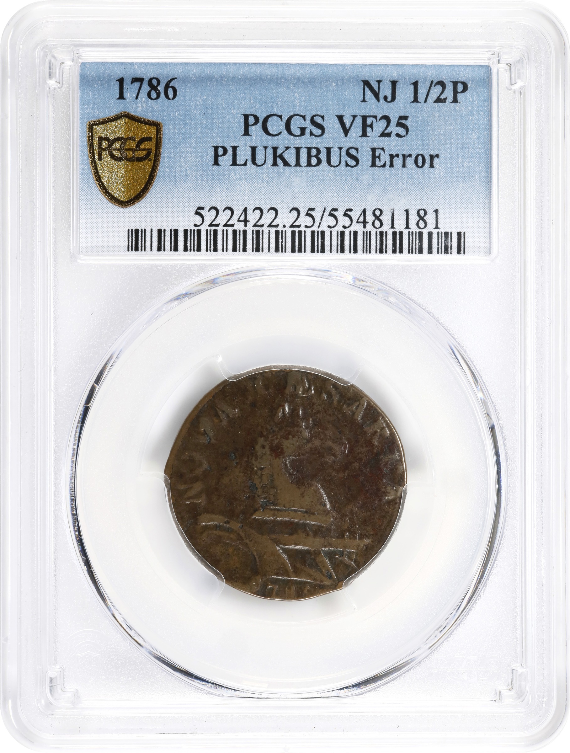 image for: 1786 New Jersey Copper. Maris 17-b, W-4870. Rarity-3. Narrow Shield, Straight Plow Beam, PLUKIBUS. Small Planchet. VF-25 (PCGS).