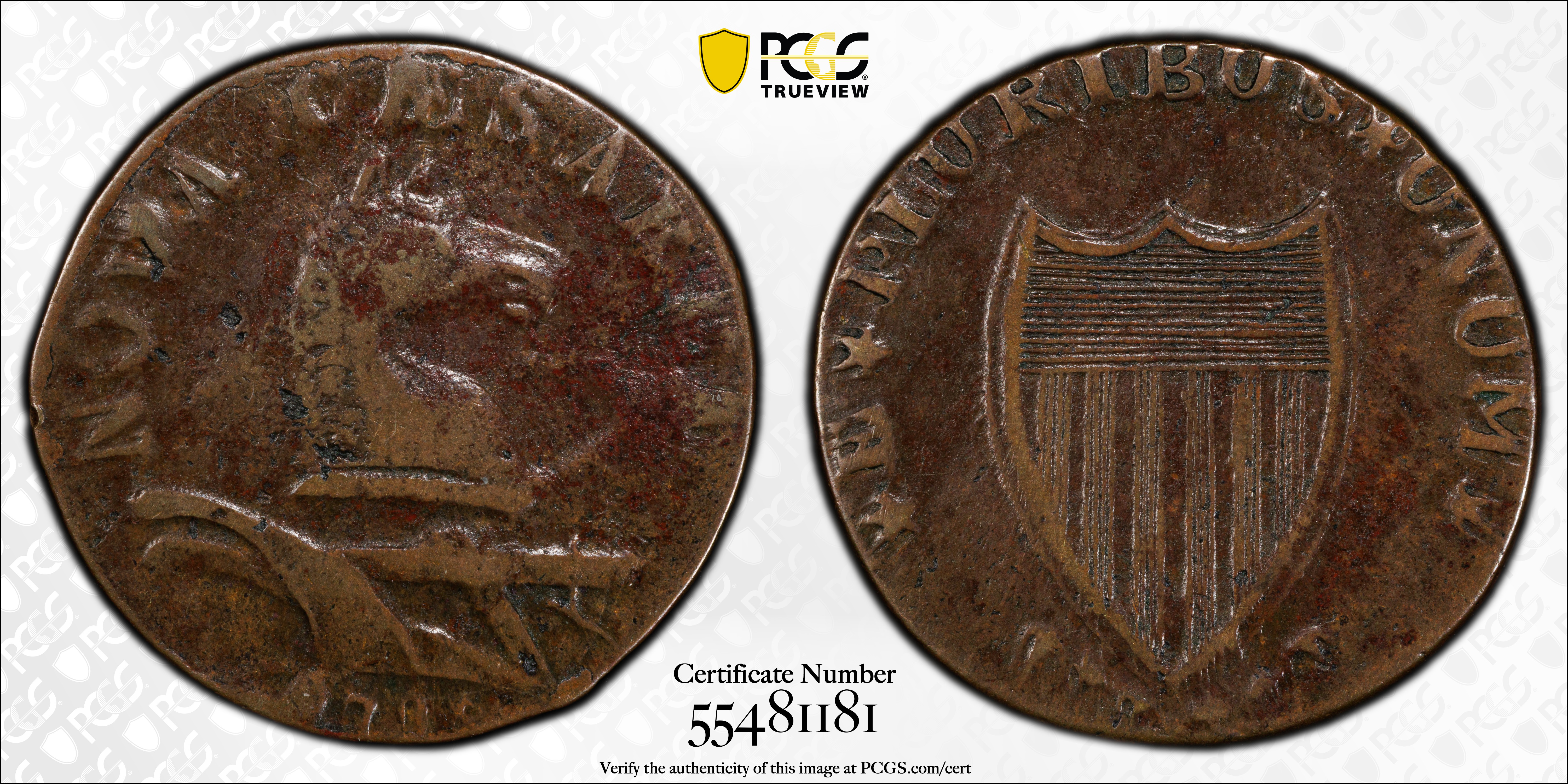 image for: 1786 New Jersey Copper. Maris 17-b, W-4870. Rarity-3. Narrow Shield, Straight Plow Beam, PLUKIBUS. Small Planchet. VF-25 (PCGS).