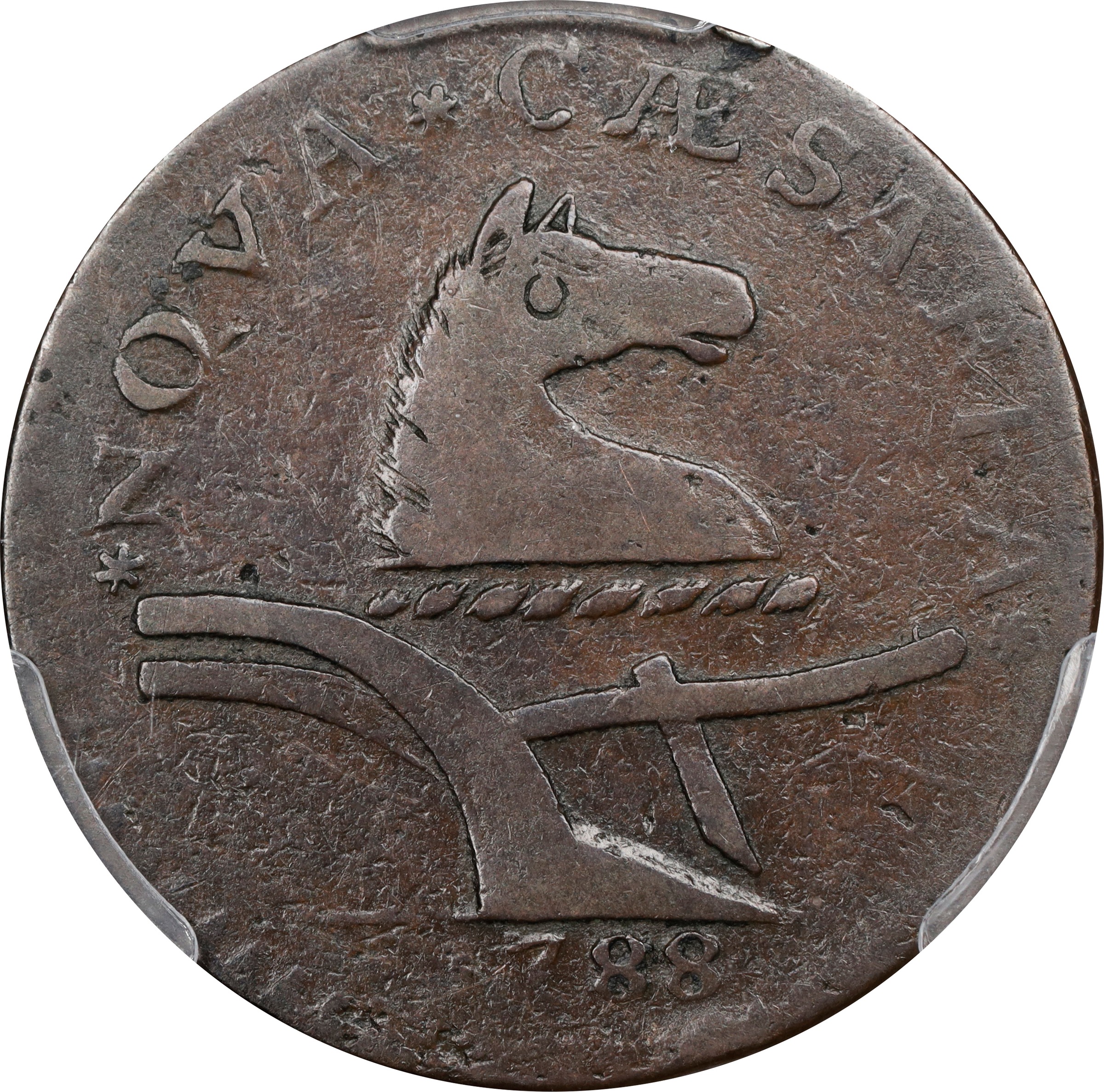 image for: 1788 New Jersey Copper. Maris 67-v, W-5510. Rarity-1. Head Right, Brushed Mane. VF-25 (PCGS).