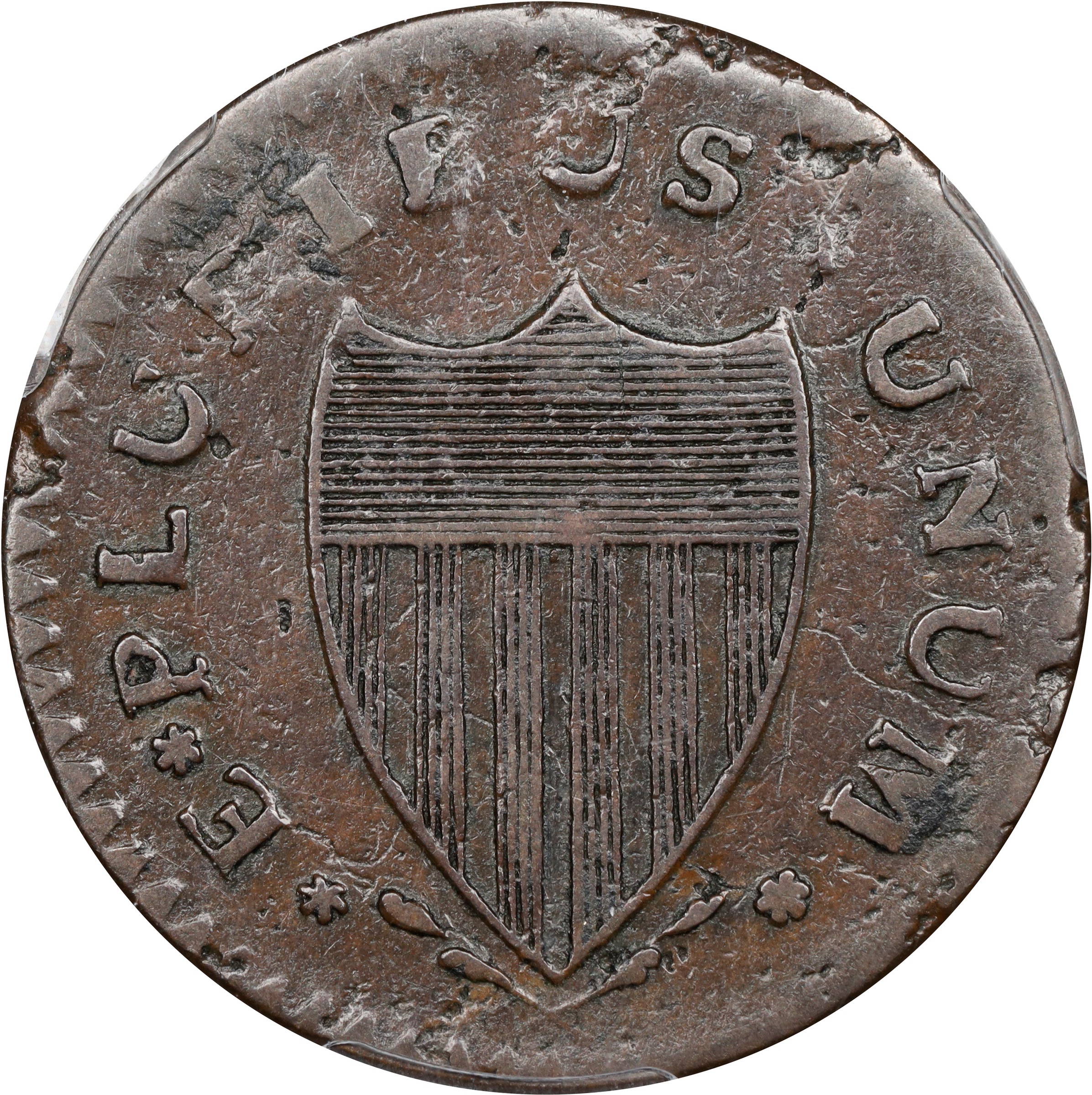 image for: 1788 New Jersey Copper. Maris 67-v, W-5510. Rarity-1. Head Right, Brushed Mane. VF-25 (PCGS).