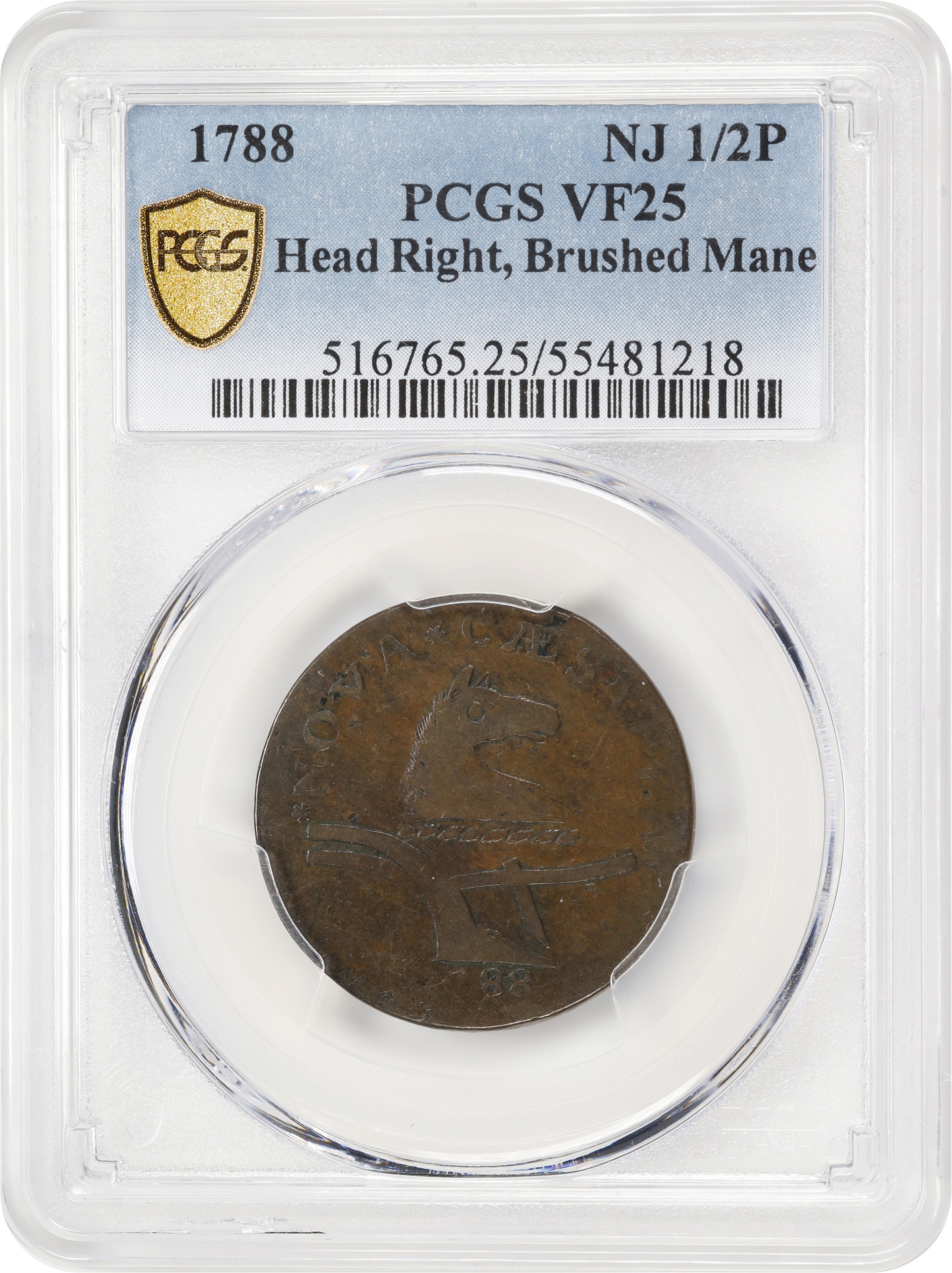 image for: 1788 New Jersey Copper. Maris 67-v, W-5510. Rarity-1. Head Right, Brushed Mane. VF-25 (PCGS).