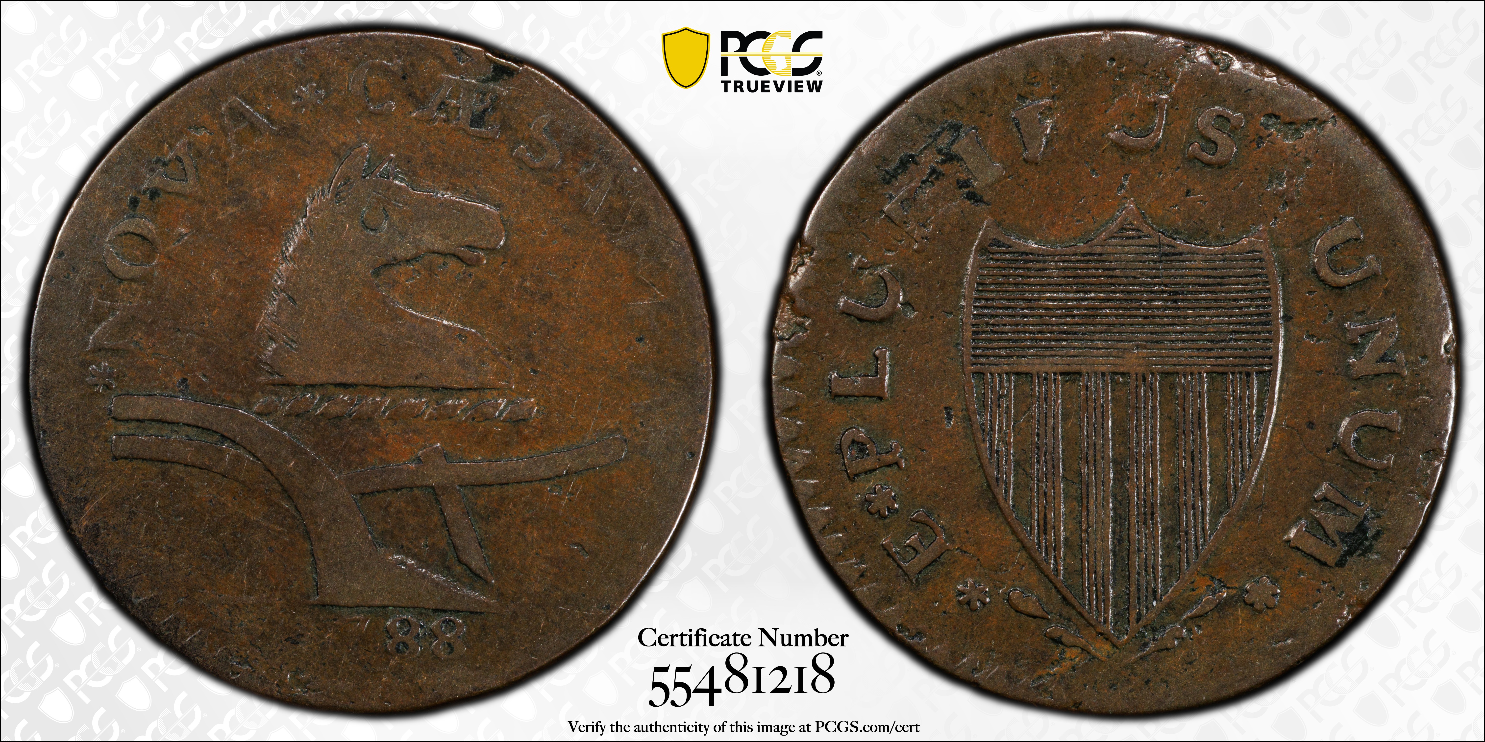 image for: 1788 New Jersey Copper. Maris 67-v, W-5510. Rarity-1. Head Right, Brushed Mane. VF-25 (PCGS).