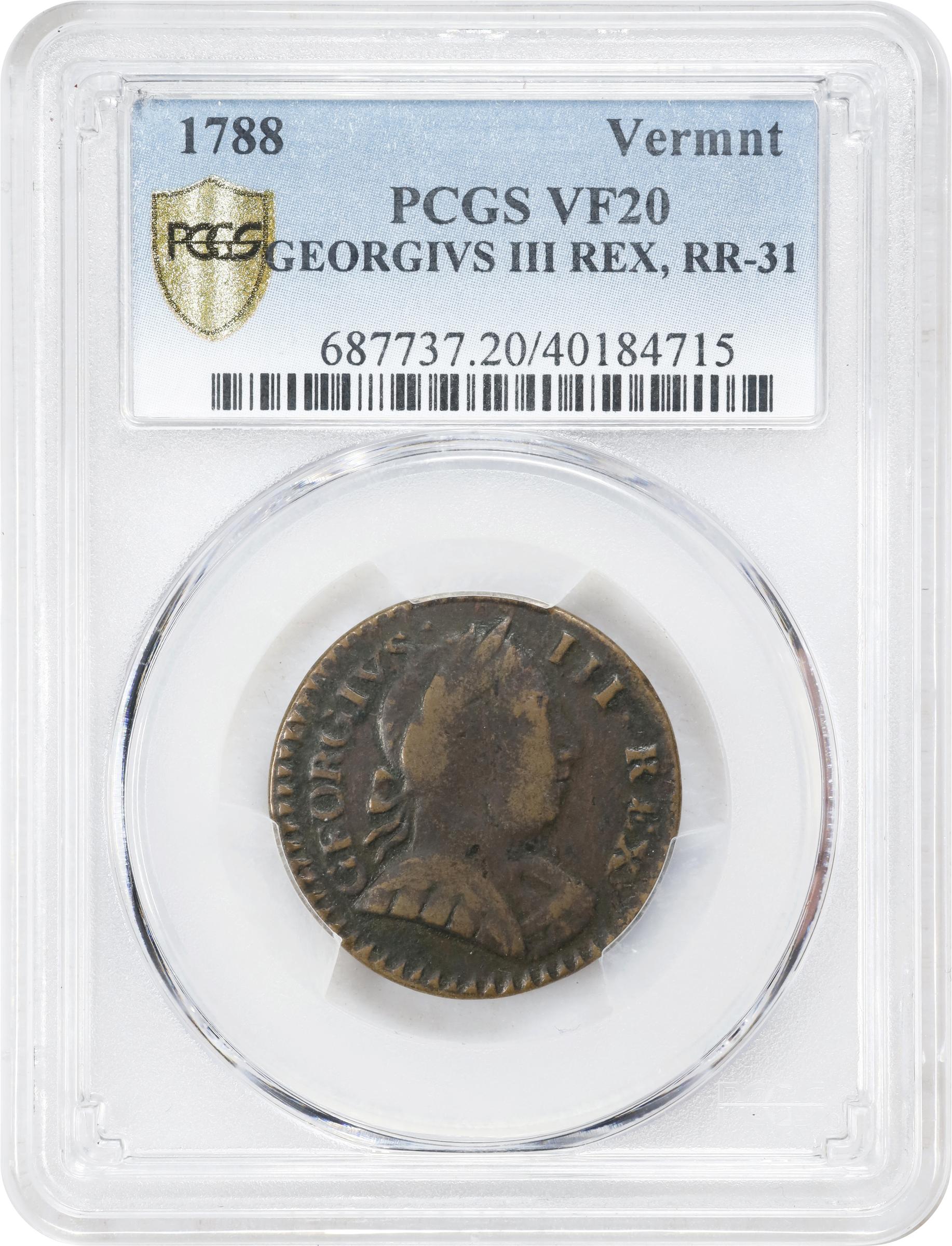 image for: 1788 Vermont Copper. RR-31, Bressett 24-U, Vlack 22-88VT, W-2260. Rarity-4. GEORGIVS III REX. VF-20 (PCGS).