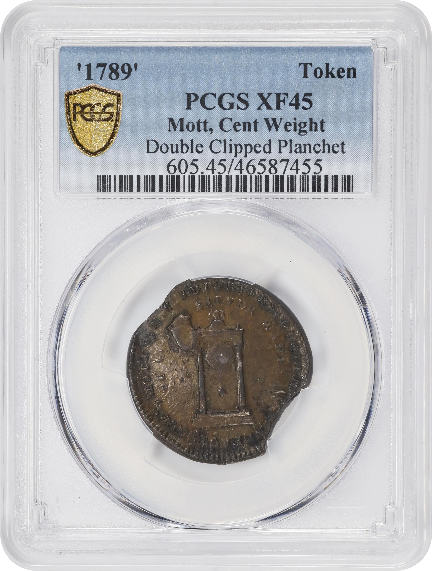 image for: "1789" Mott Token. Rulau-E NY-610, Bressett-1022. Thick Planchet. Plain Edge. Cent Weight. Double Clipped Planchet. EF-45 (PCGS).