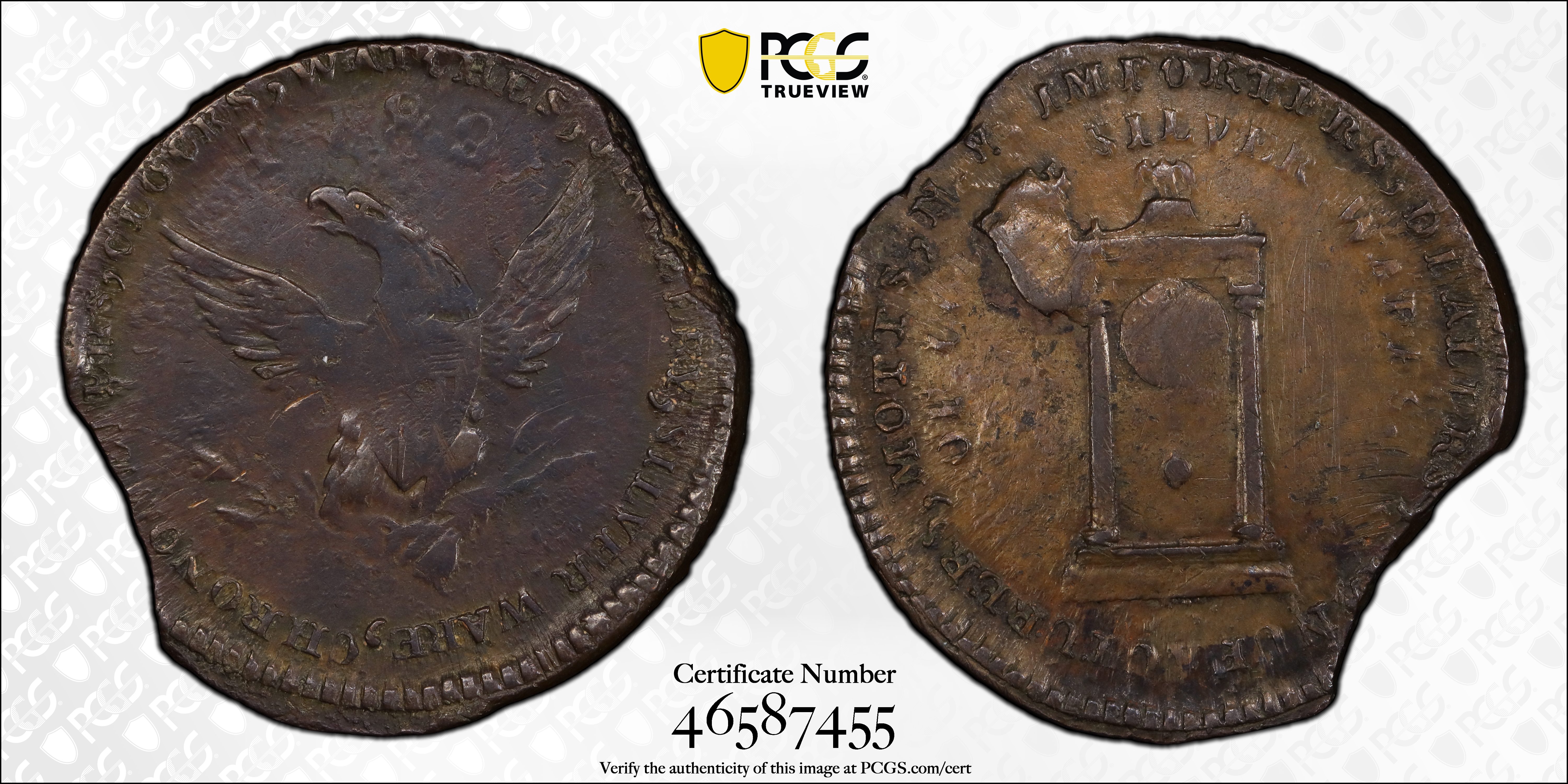 image for: "1789" Mott Token. Rulau-E NY-610, Bressett-1022. Thick Planchet. Plain Edge. Cent Weight. Double Clipped Planchet. EF-45 (PCGS).