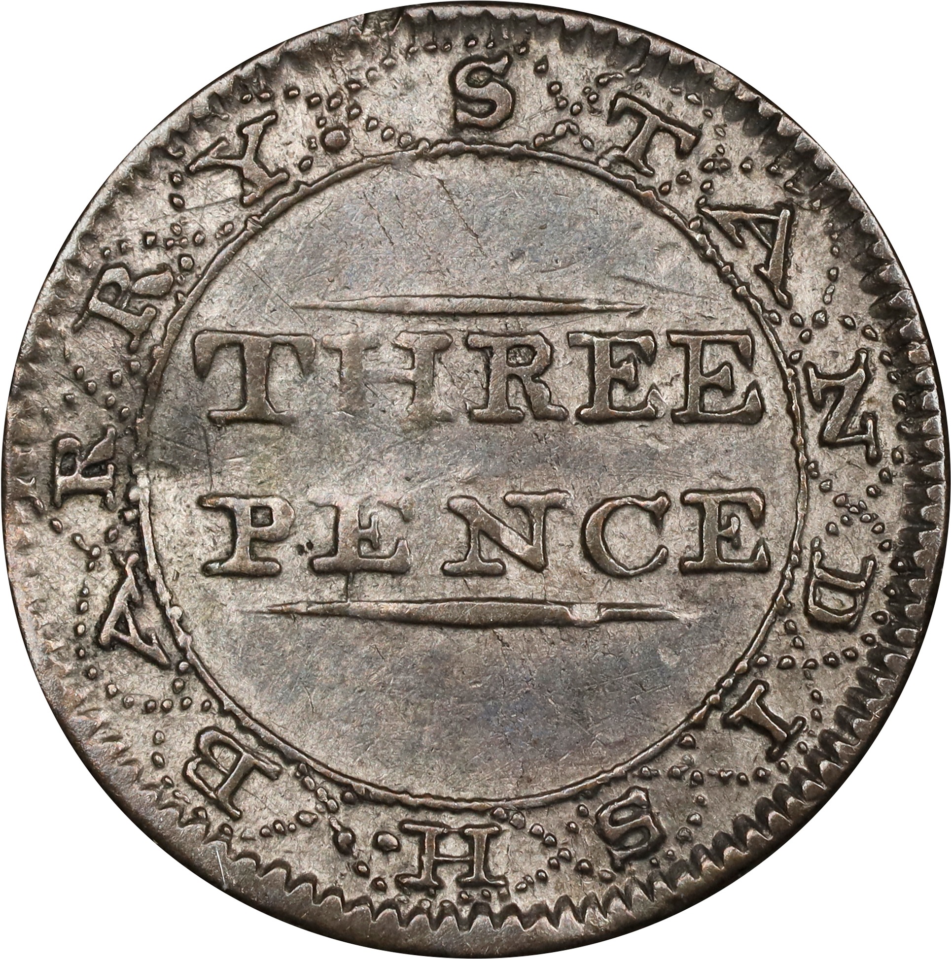 image for: 1790 Standish Barry Threepence. W-8510. Rarity-6. AU-50 (PCGS).