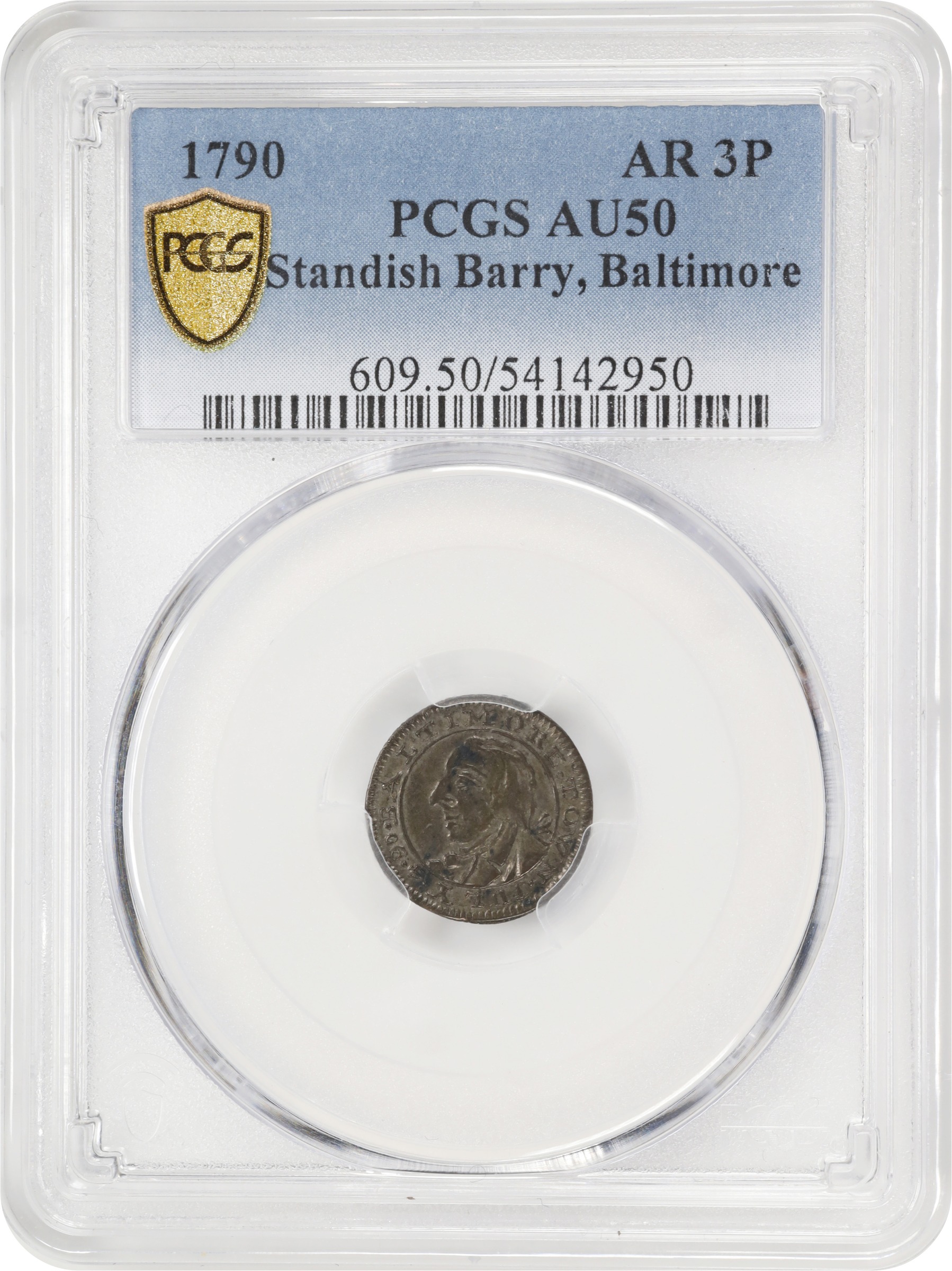 image for: 1790 Standish Barry Threepence. W-8510. Rarity-6. AU-50 (PCGS).