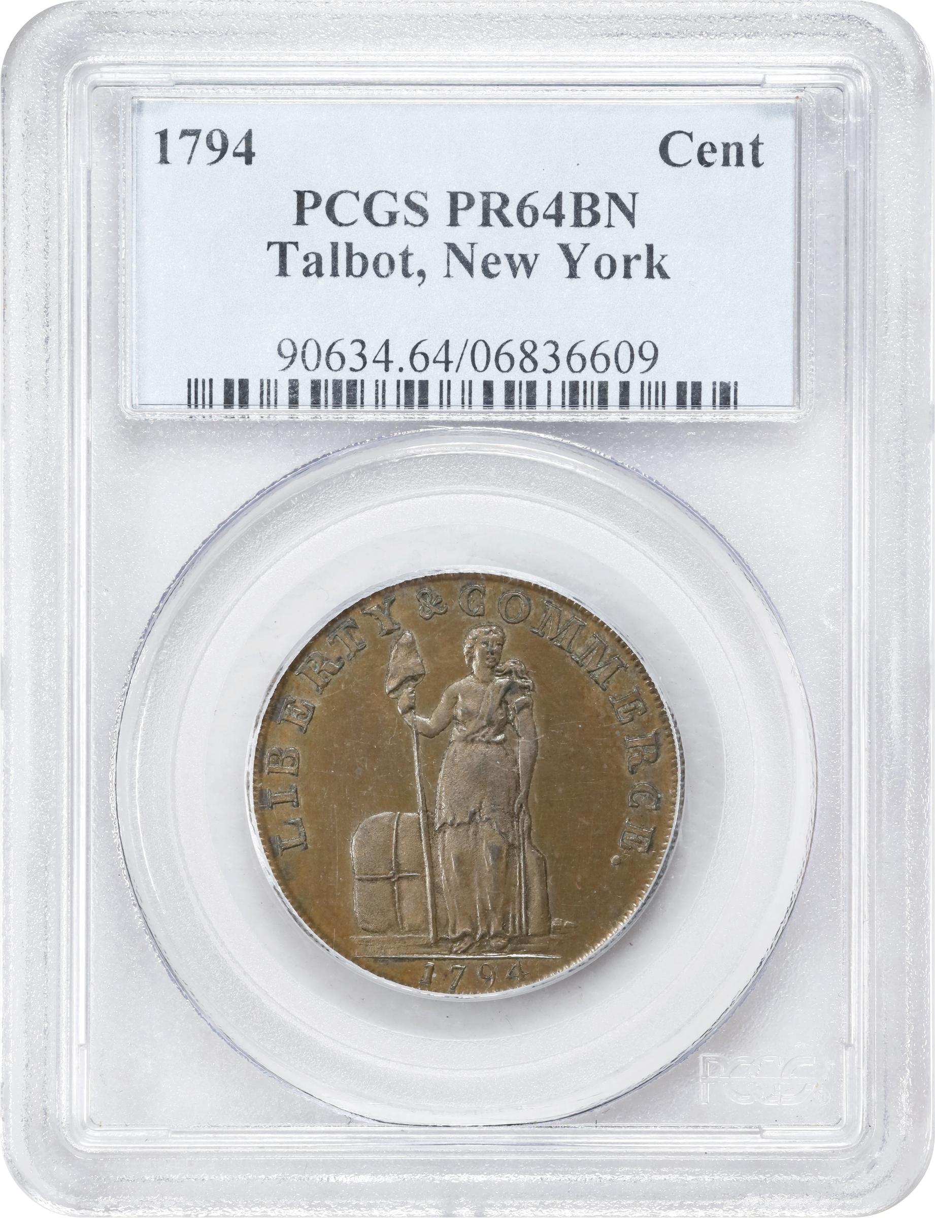 image for: 1794 Talbot, Allum & Lee Cent. Fuld-4, W-8590. Rarity-2. With NEW YORK. Small & on Reverse. Copper. Lettered Edge. Proof-64 BN (PCGS).