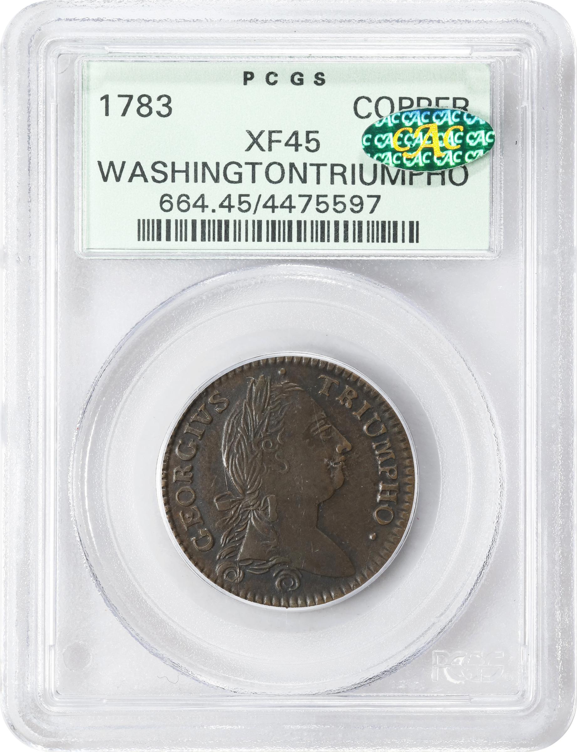 image for: 1783 Washington Georgivs Triumpho Token. Musante GW-54, Baker-7, W-10100. EF-45 (PCGS). CAC. OGH.