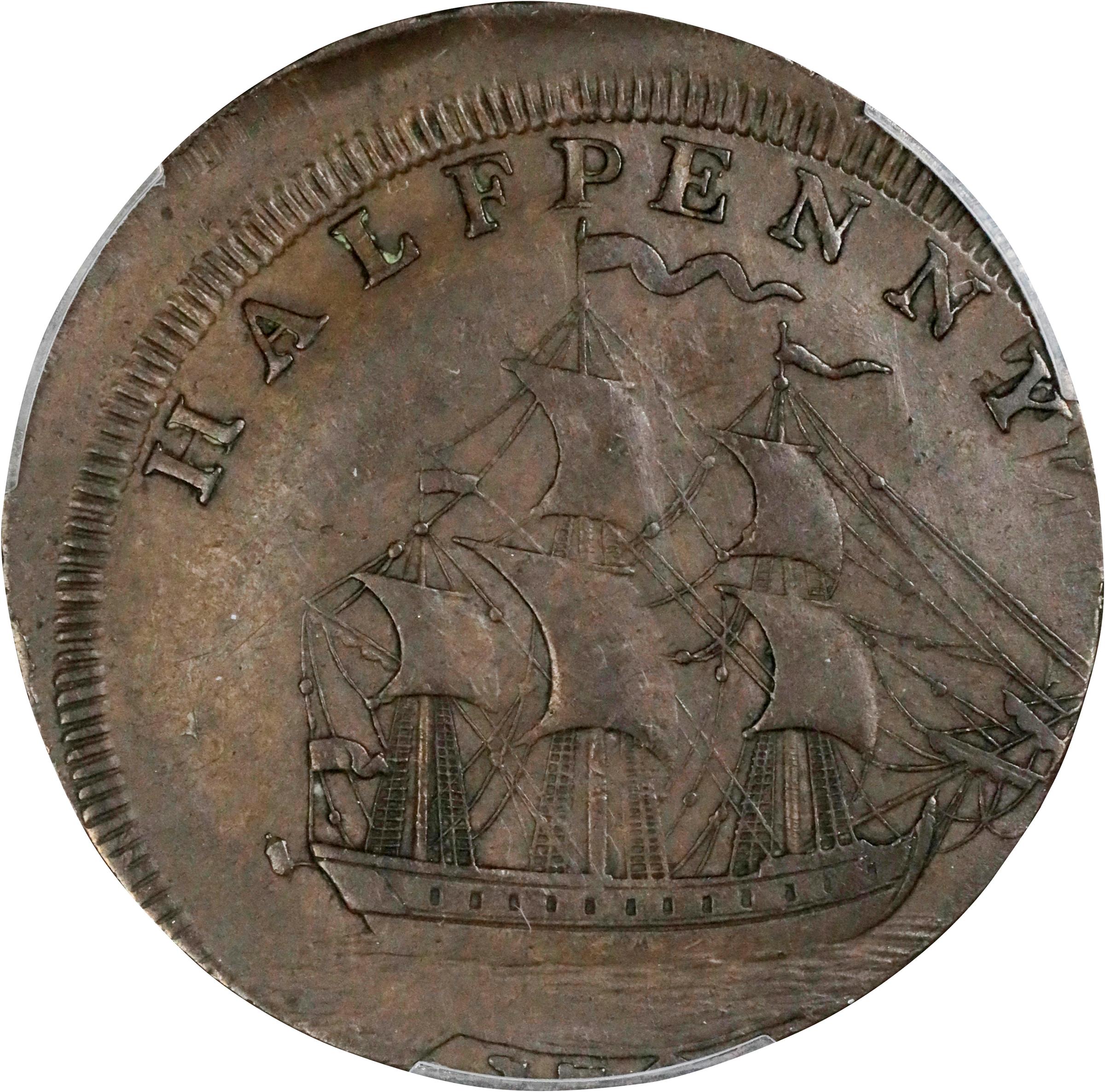 image for: 1793/2 Washington Ship Halfpenny. Musante GW-20, Baker-18, W-10855. Copper. Lettered Edge. Struck 10% Off Center. EF-40 (PCGS).