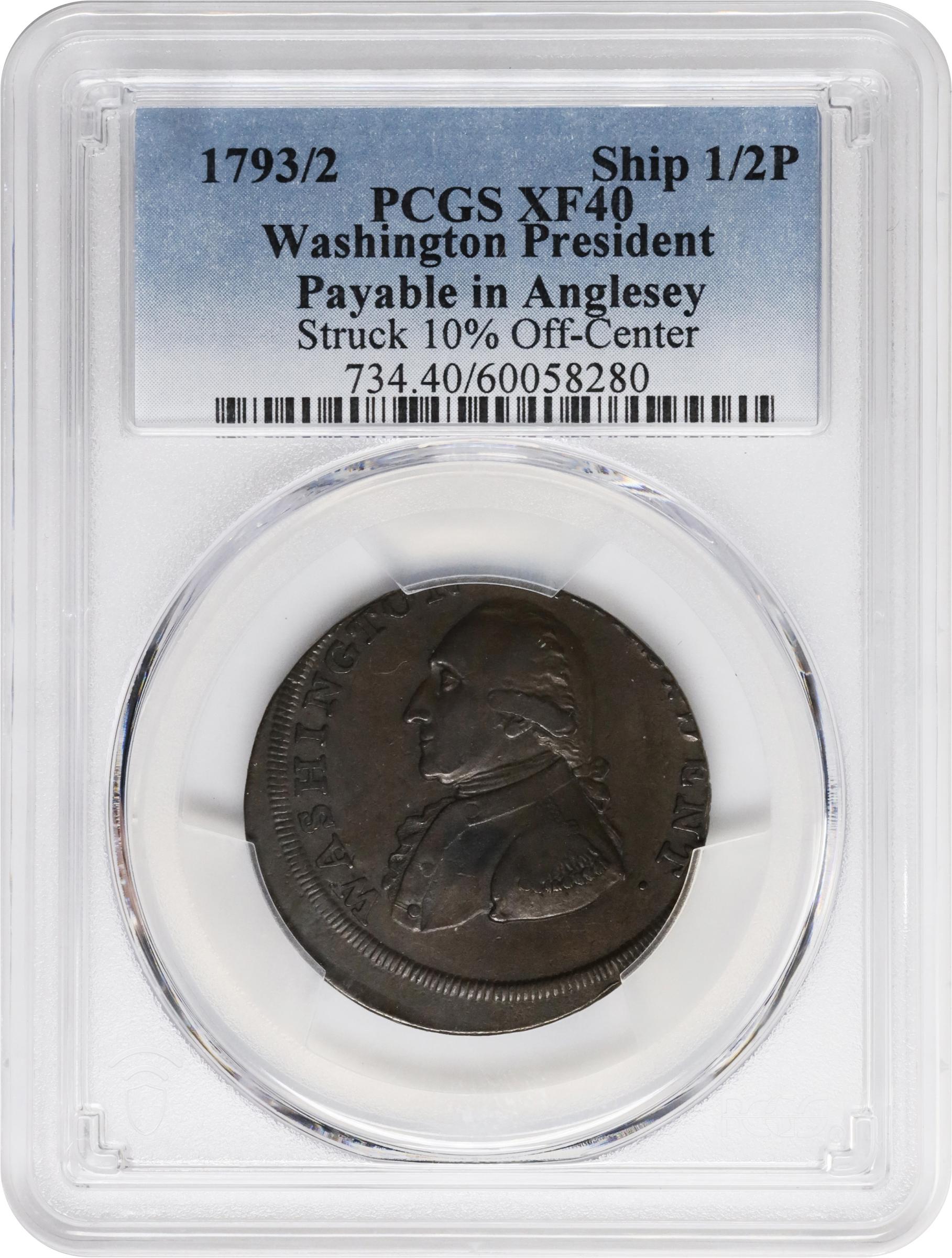 image for: 1793/2 Washington Ship Halfpenny. Musante GW-20, Baker-18, W-10855. Copper. Lettered Edge. Struck 10% Off Center. EF-40 (PCGS).