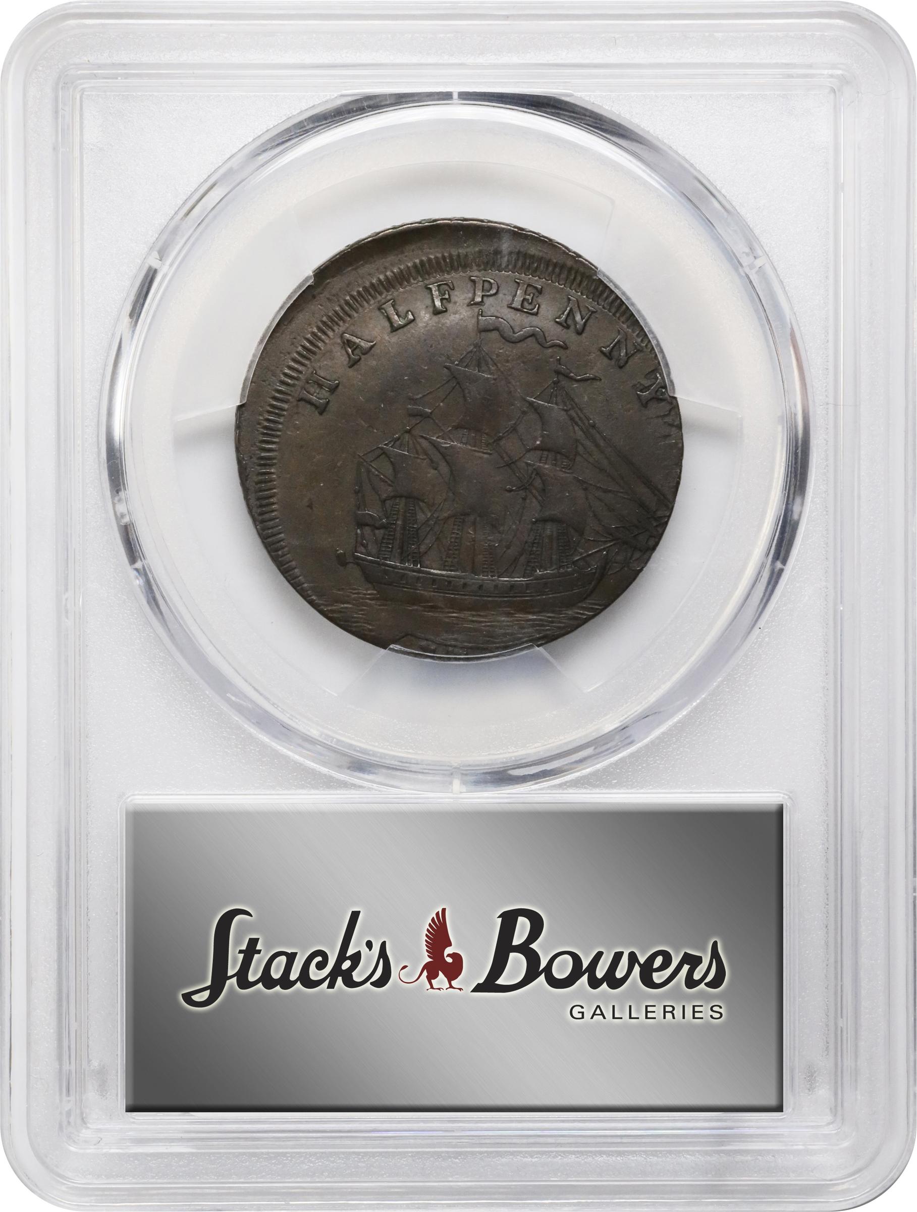 image for: 1793/2 Washington Ship Halfpenny. Musante GW-20, Baker-18, W-10855. Copper. Lettered Edge. Struck 10% Off Center. EF-40 (PCGS).