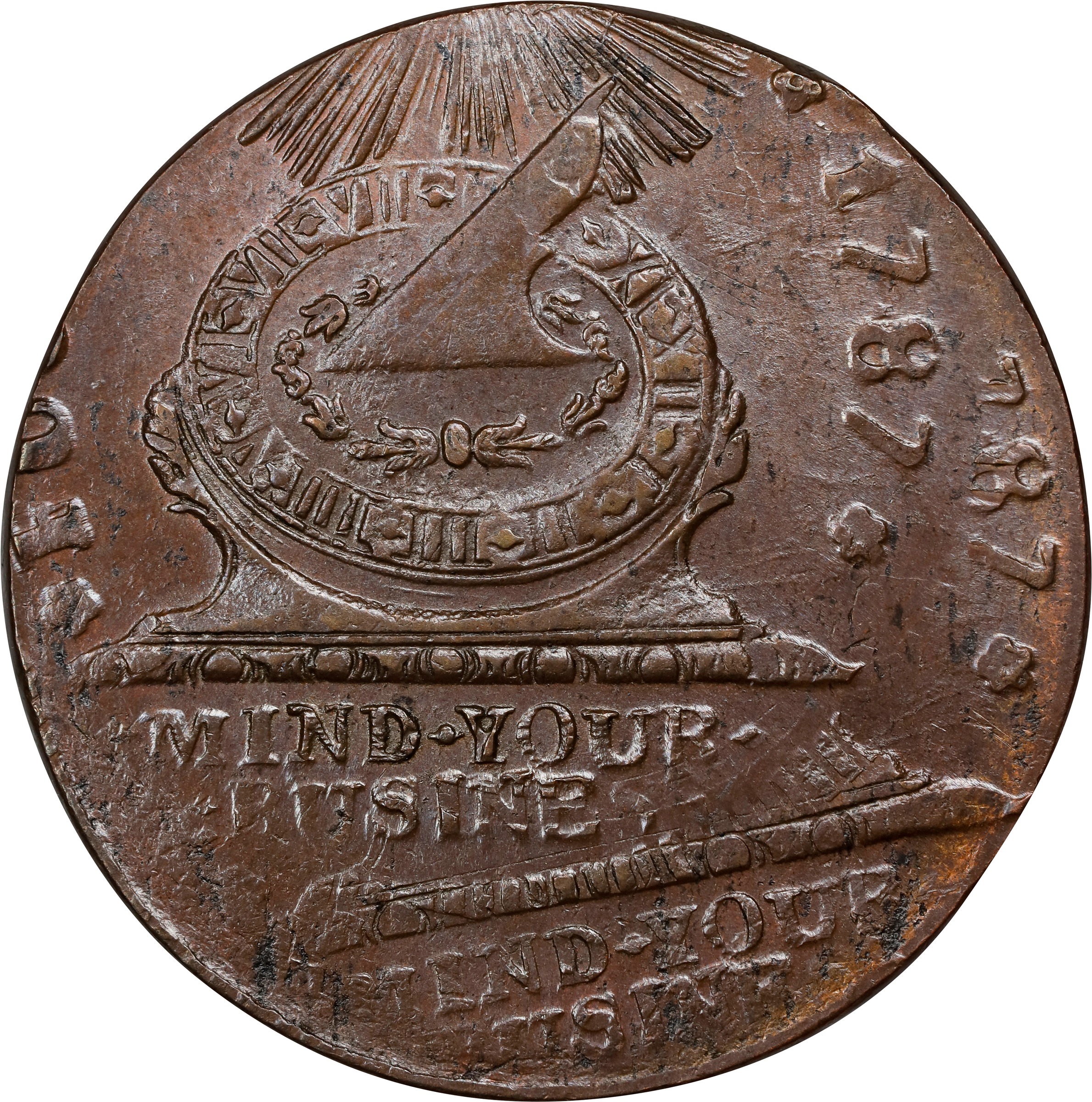 image for: 1787 Fugio Cent. Pointed Rays. Newman 12-X, W-6820. Rarity-2. STATES UNITED, 4 Cinquefoils. Double Struck. MS-63 BN (PCGS).