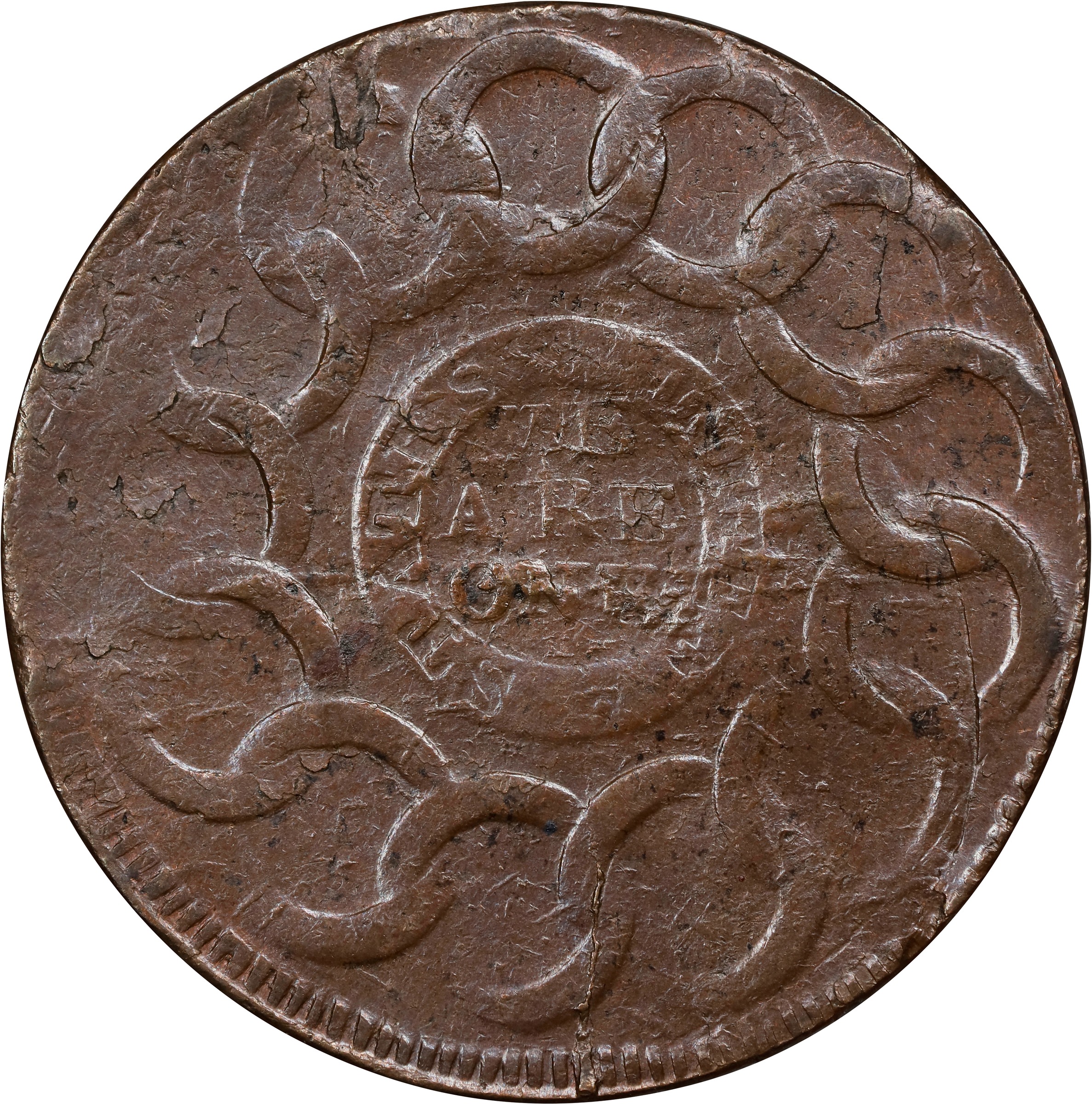 image for: 1787 Fugio Cent. Pointed Rays. Newman 12-X, W-6820. Rarity-2. STATES UNITED, 4 Cinquefoils. Double Struck. MS-63 BN (PCGS).