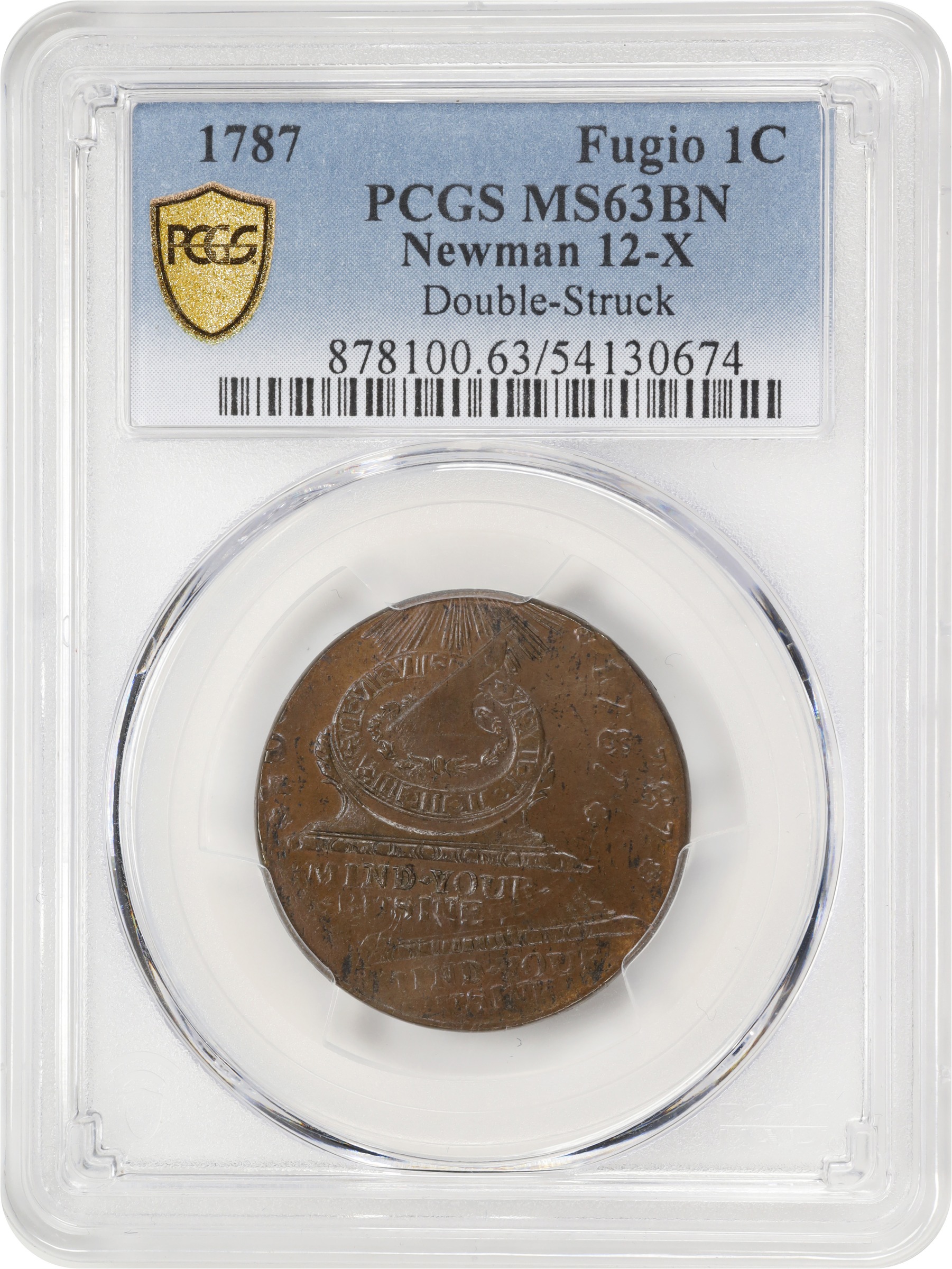 image for: 1787 Fugio Cent. Pointed Rays. Newman 12-X, W-6820. Rarity-2. STATES UNITED, 4 Cinquefoils. Double Struck. MS-63 BN (PCGS).