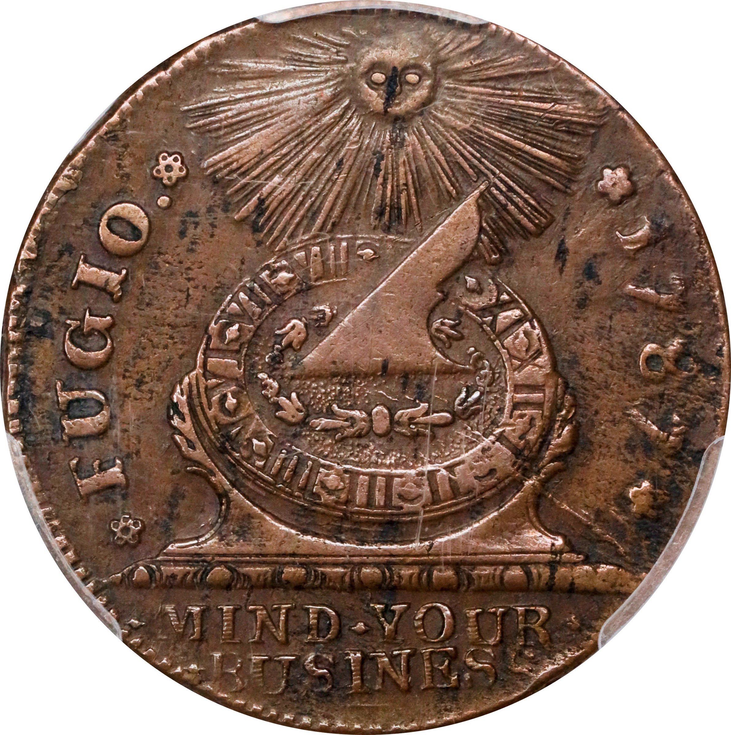 image for: 1787 Fugio Cent. Pointed Rays. Newman 15-K, W-6900. Rarity-5+. STATES UNITED, 4 Cinquefoils. EF-45 (PCGS).