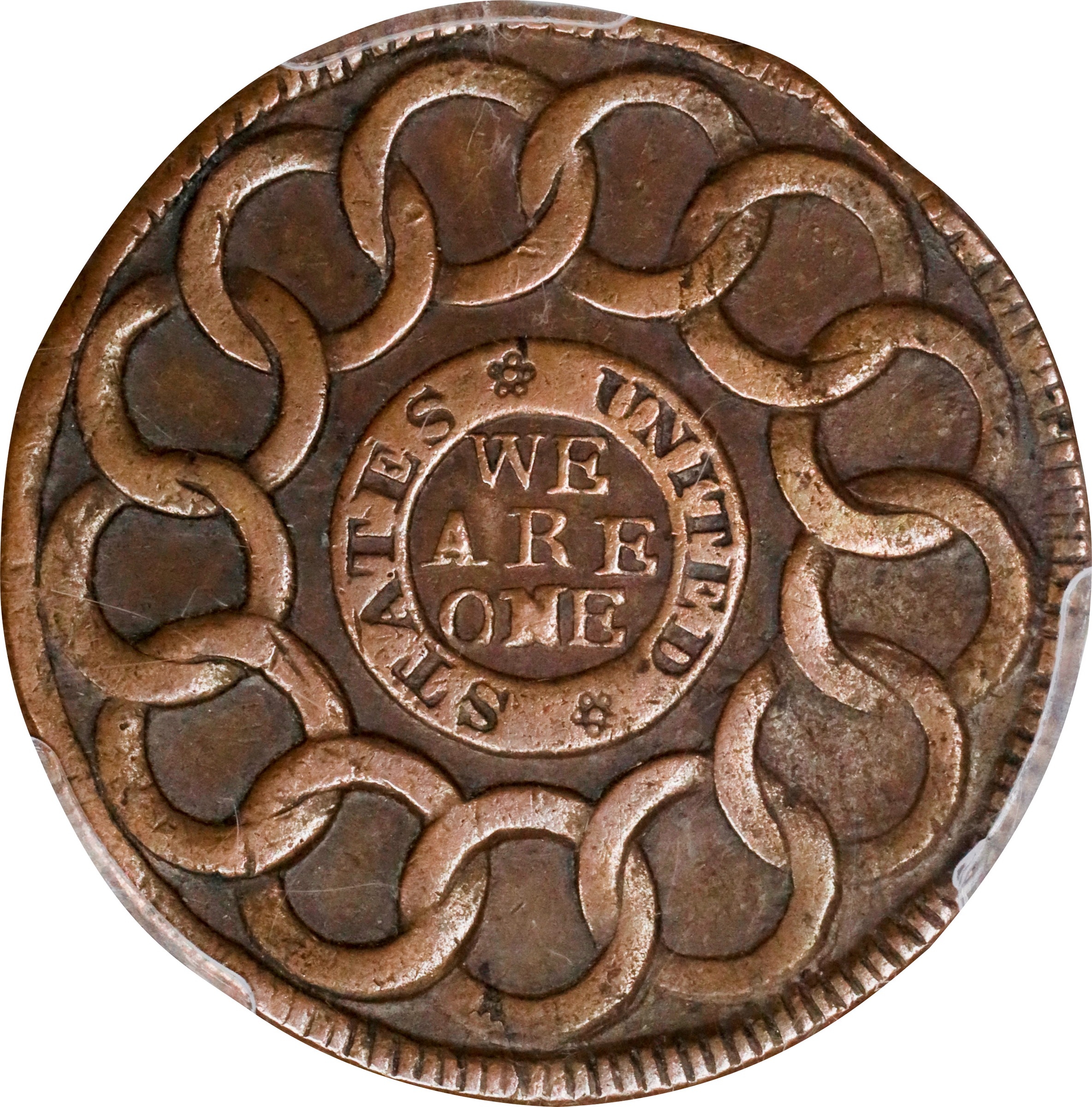 image for: 1787 Fugio Cent. Pointed Rays. Newman 15-K, W-6900. Rarity-5+. STATES UNITED, 4 Cinquefoils. EF-45 (PCGS).