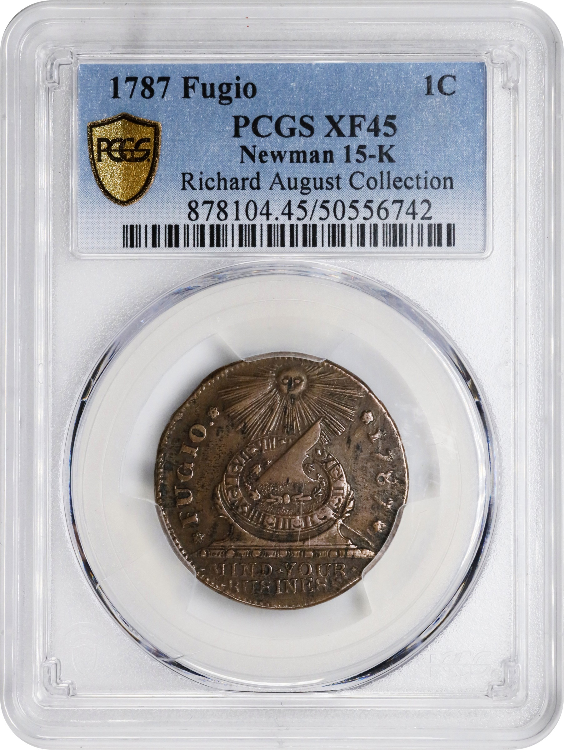 image for: 1787 Fugio Cent. Pointed Rays. Newman 15-K, W-6900. Rarity-5+. STATES UNITED, 4 Cinquefoils. EF-45 (PCGS).