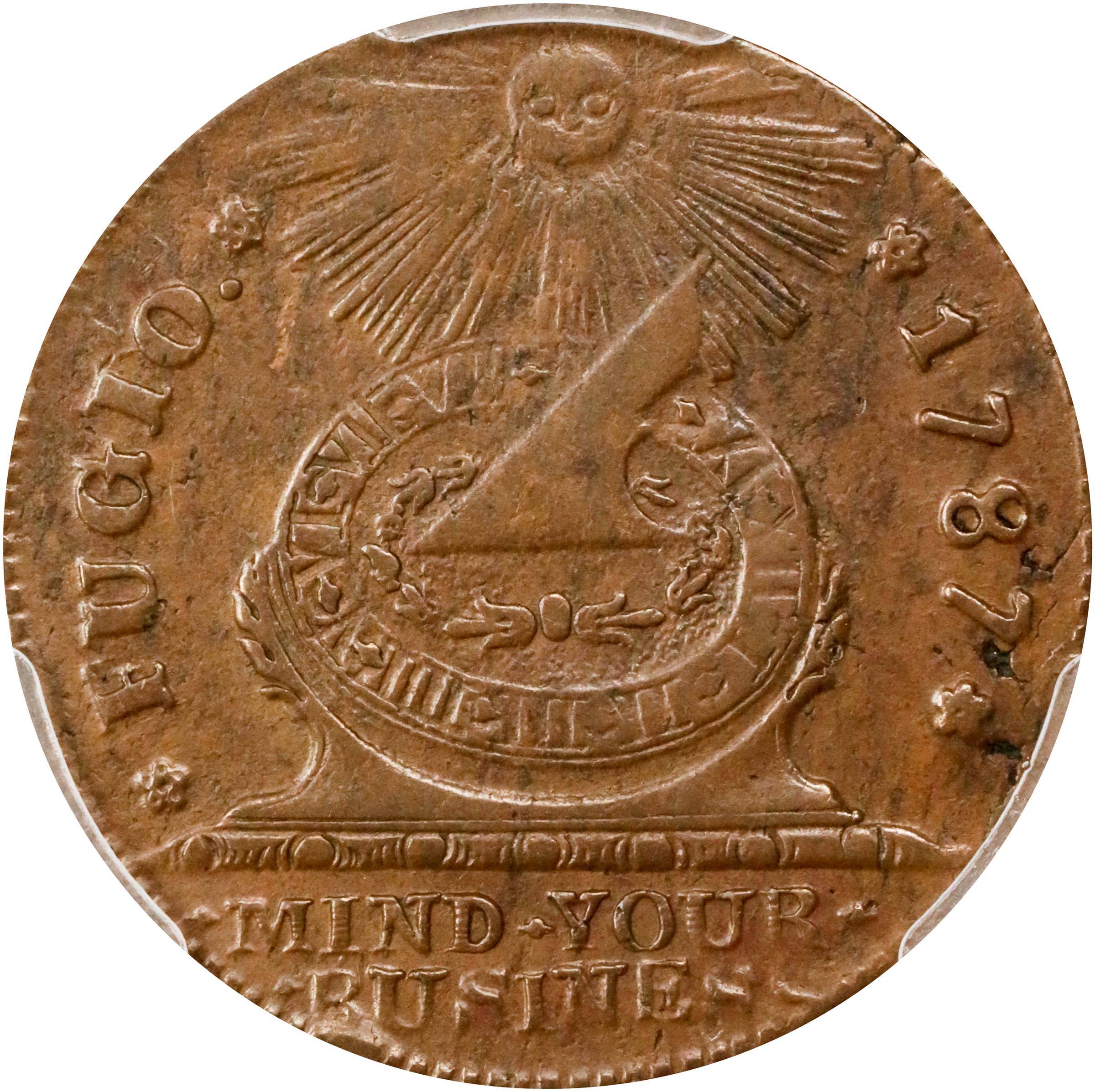 image for: 1787 Fugio Cent. Pointed Rays. Newman 17-S, W-6935. Rarity-3. STATES UNITED, 4 Cinquefoils. AU-55 (PCGS).