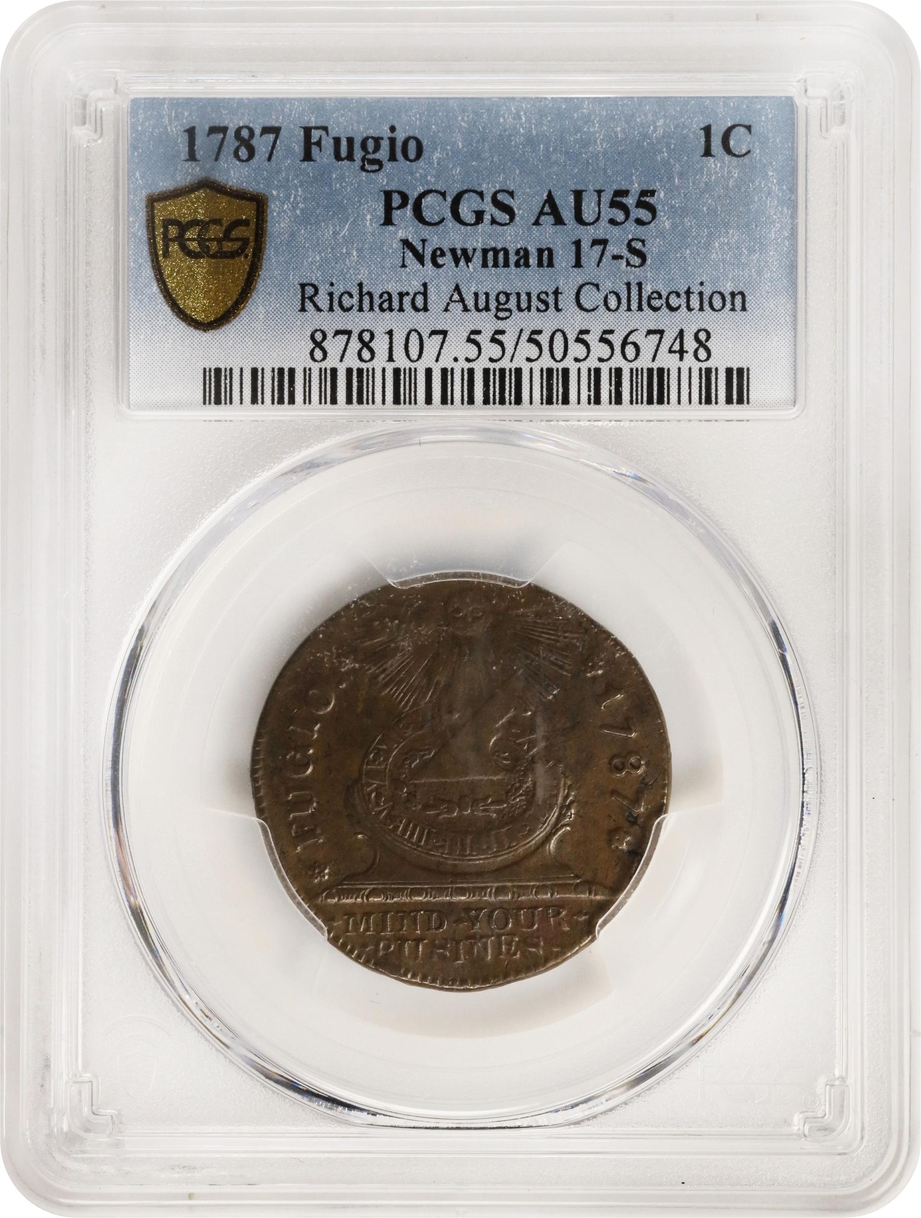 image for: 1787 Fugio Cent. Pointed Rays. Newman 17-S, W-6935. Rarity-3. STATES UNITED, 4 Cinquefoils. AU-55 (PCGS).