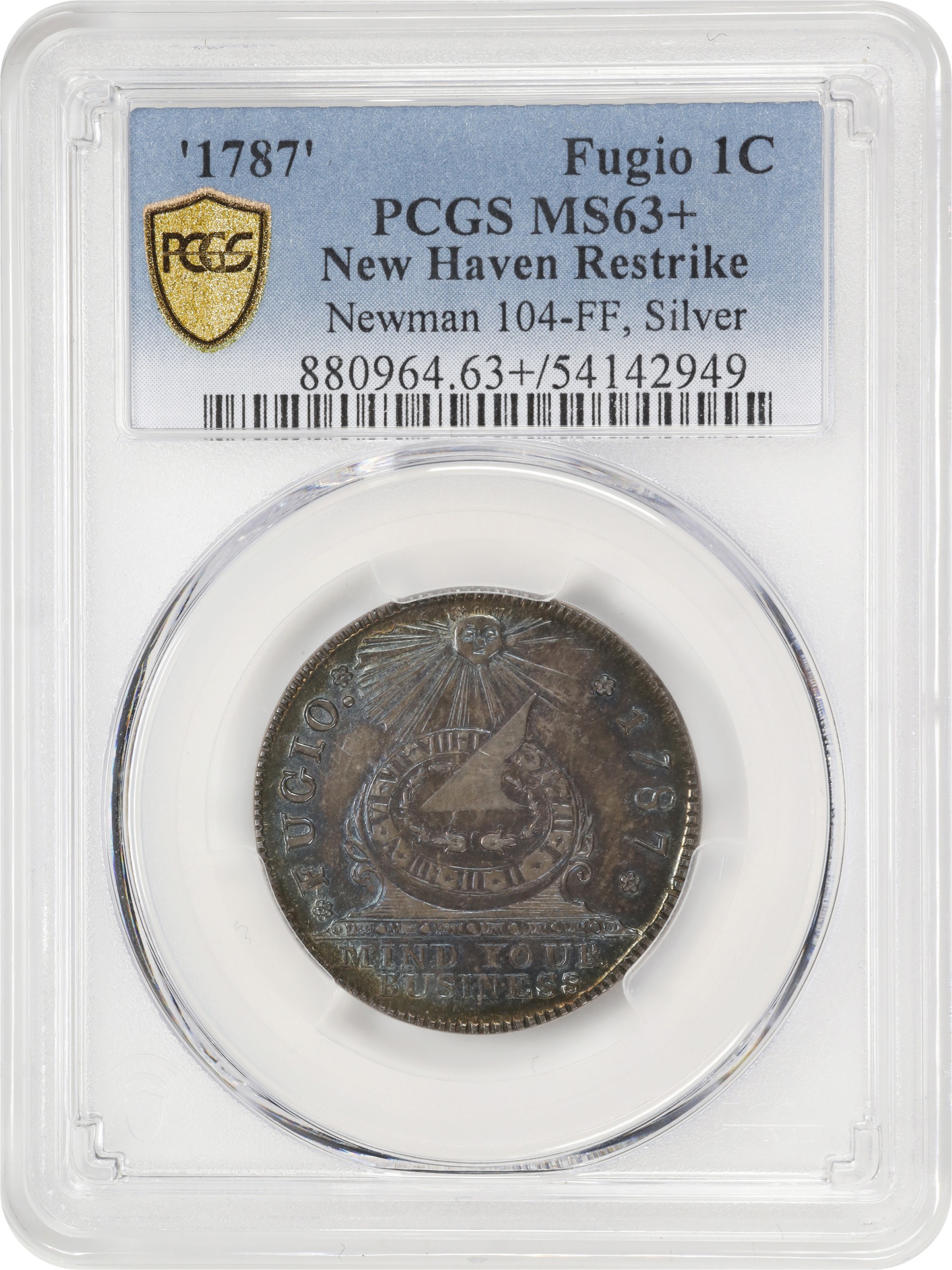 image for: "1787" (ca. 1860) Fugio Cent. "New Haven Restrike," Horatio Rust Strike. Newman 104-FF, W-17570. Rarity-5. Silver. MS-63+ (PCGS).