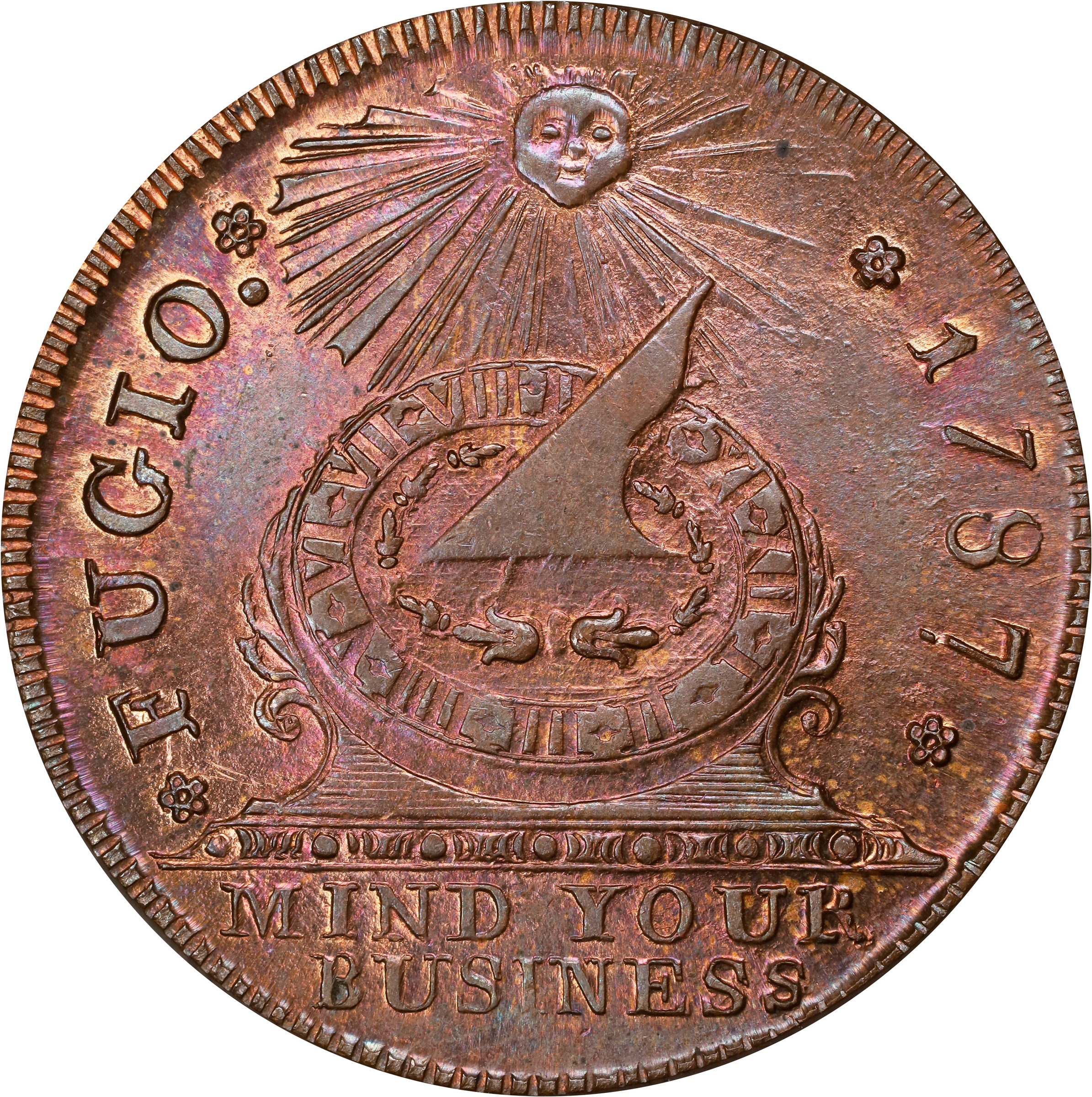 image for: "1787" (ca. 1860) Fugio Cent. "New Haven Restrike," Horatio Rust Strike. Newman 104-FF, W-17560. Rarity-3. Red Brass. MS-66 RB (PCGS).