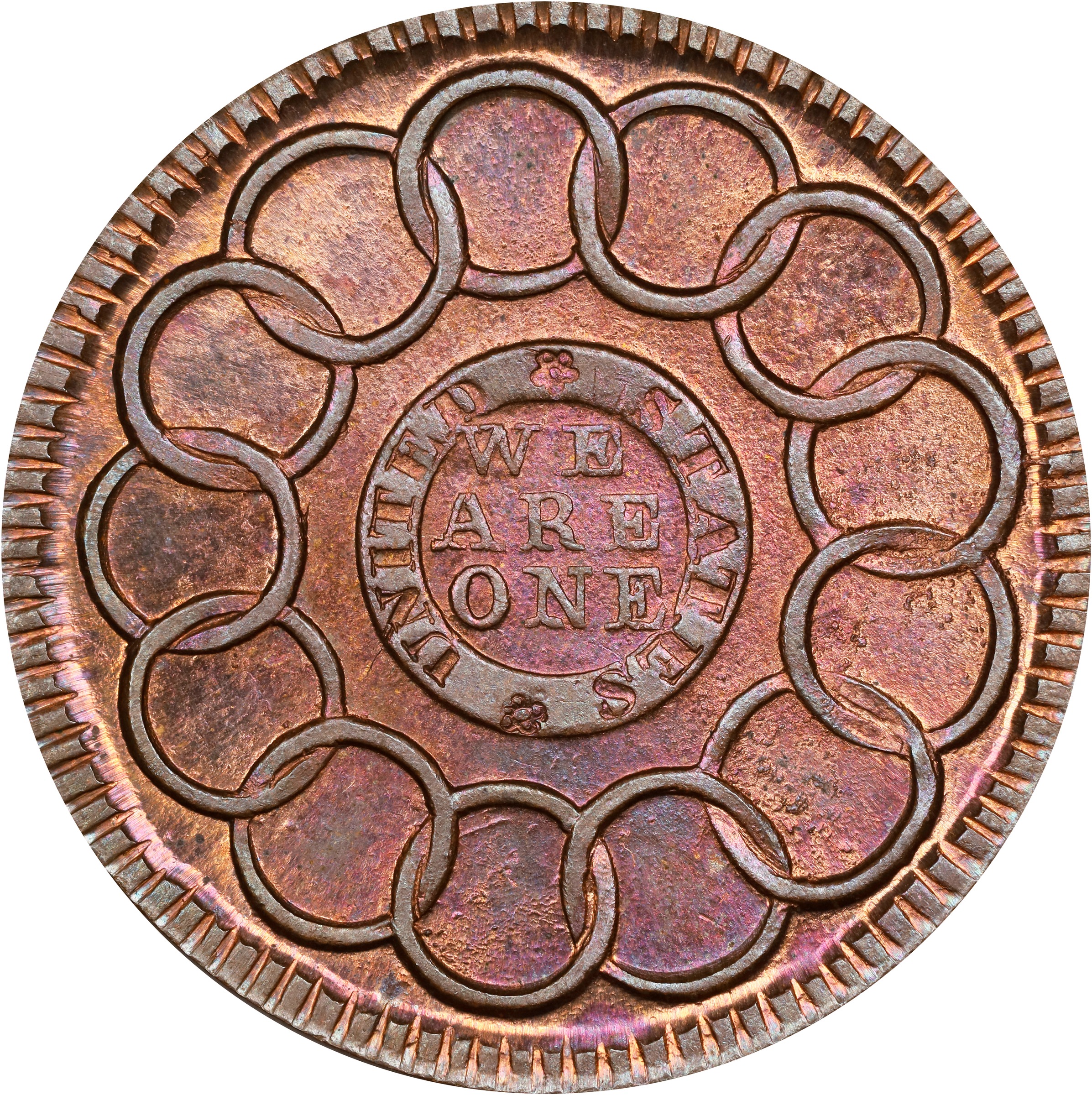 image for: "1787" (ca. 1860) Fugio Cent. "New Haven Restrike," Horatio Rust Strike. Newman 104-FF, W-17560. Rarity-3. Red Brass. MS-66 RB (PCGS).