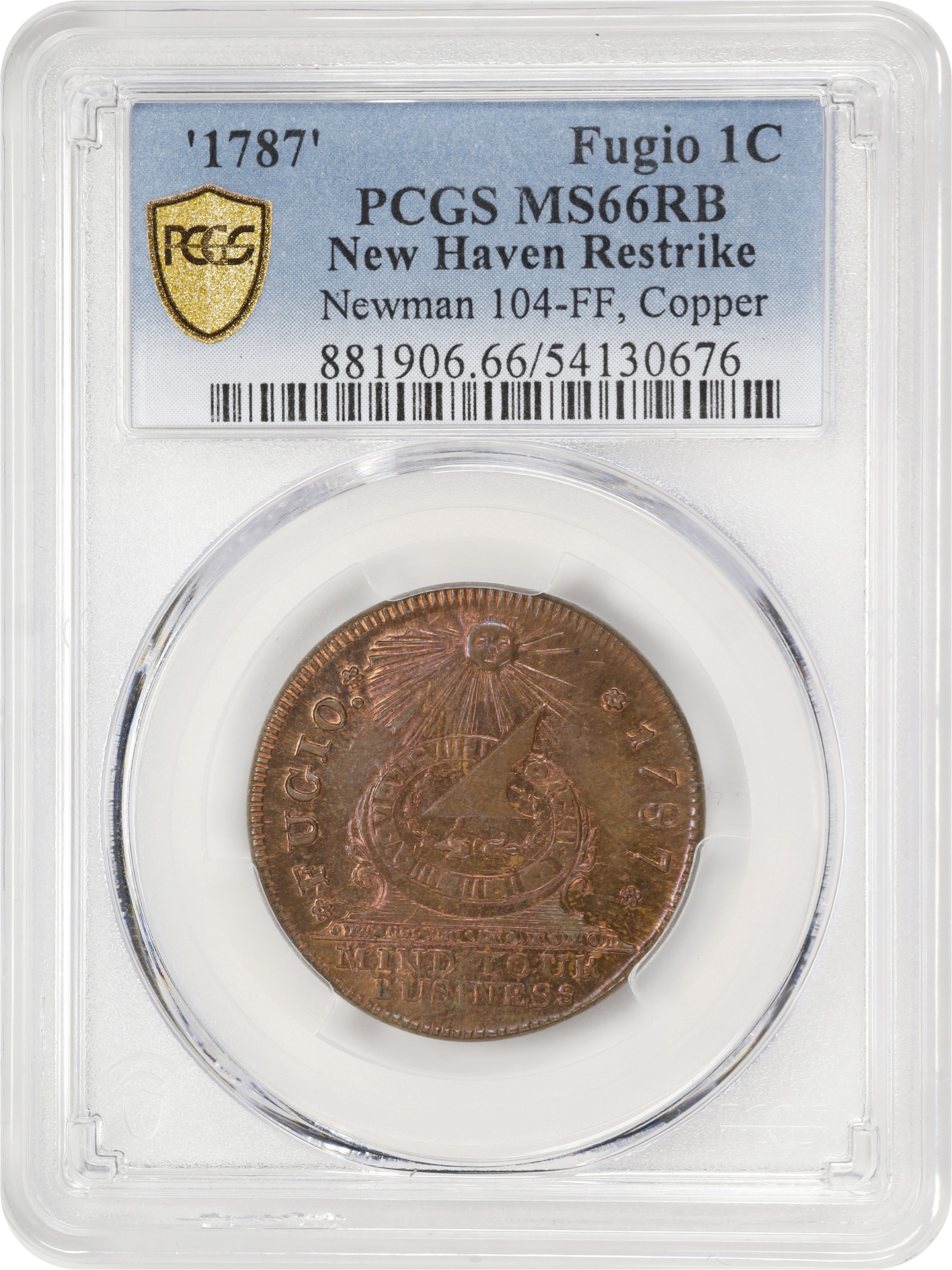 image for: "1787" (ca. 1860) Fugio Cent. "New Haven Restrike," Horatio Rust Strike. Newman 104-FF, W-17560. Rarity-3. Red Brass. MS-66 RB (PCGS).