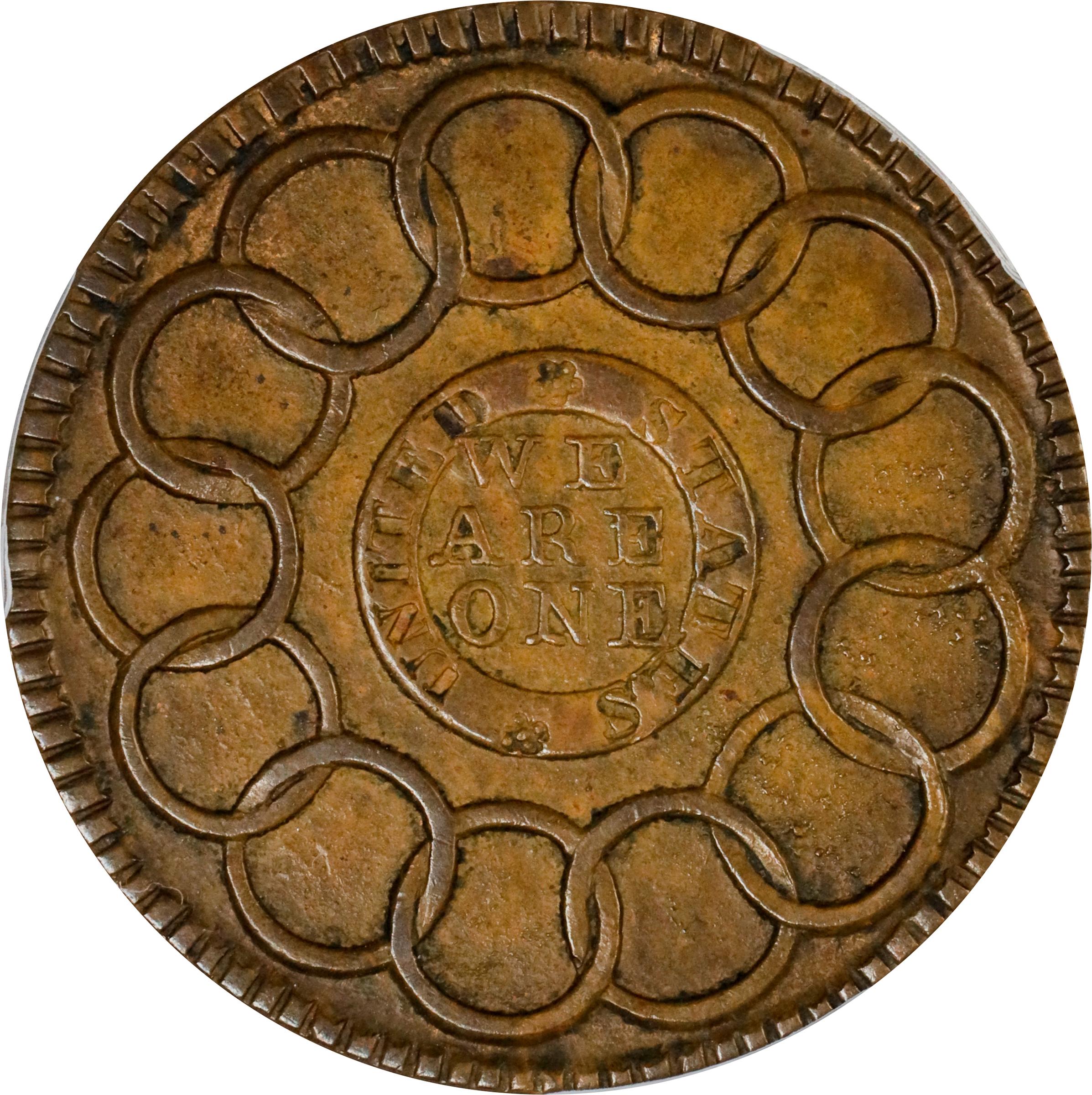 image for: "1787" (ca. 1860) Fugio Cent. "New Haven Restrike," Horatio Rust Strike. Newman 104-FF, W-17560. Rarity-3. Red Brass. AU-58 (PCGS).