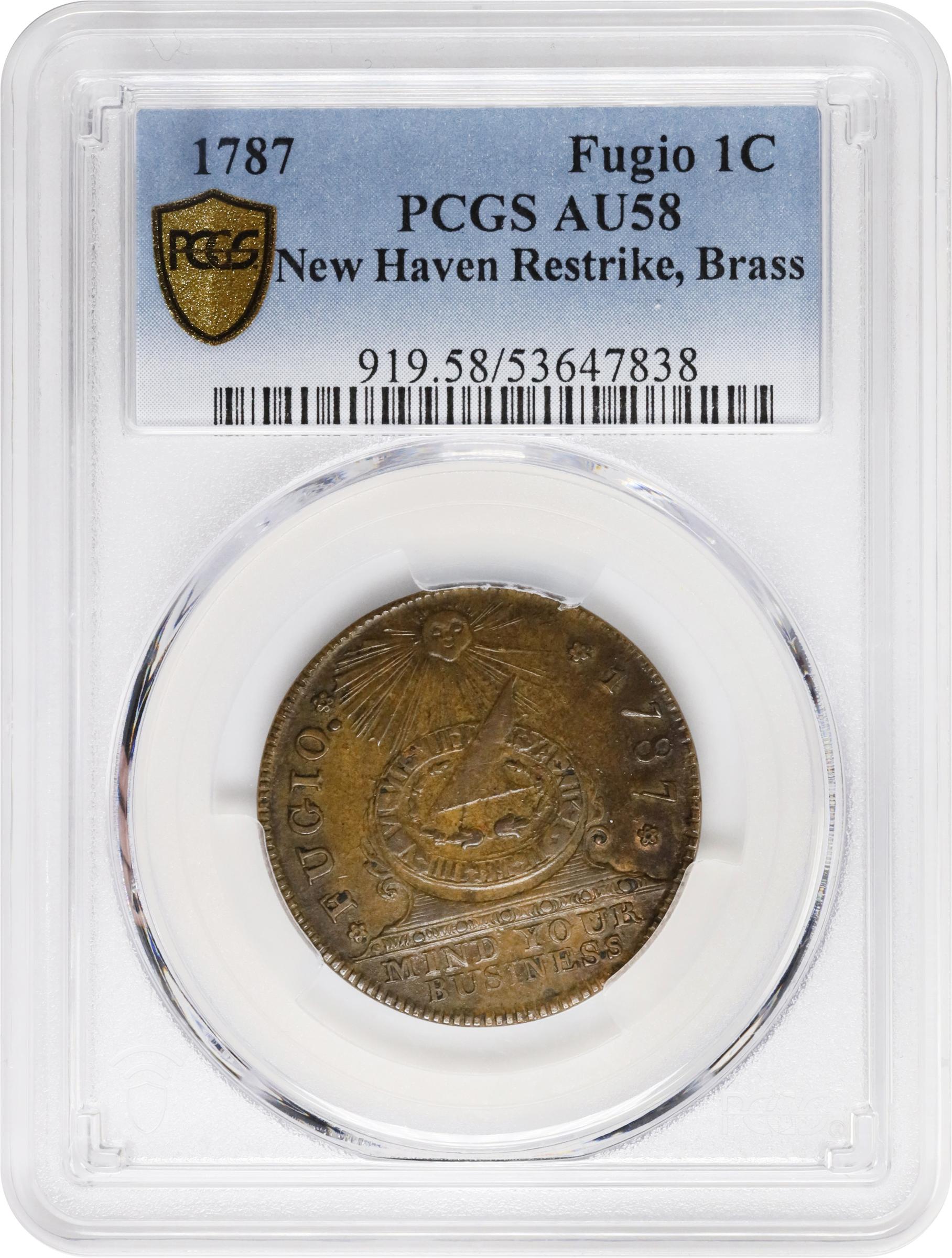 image for: "1787" (ca. 1860) Fugio Cent. "New Haven Restrike," Horatio Rust Strike. Newman 104-FF, W-17560. Rarity-3. Red Brass. AU-58 (PCGS).