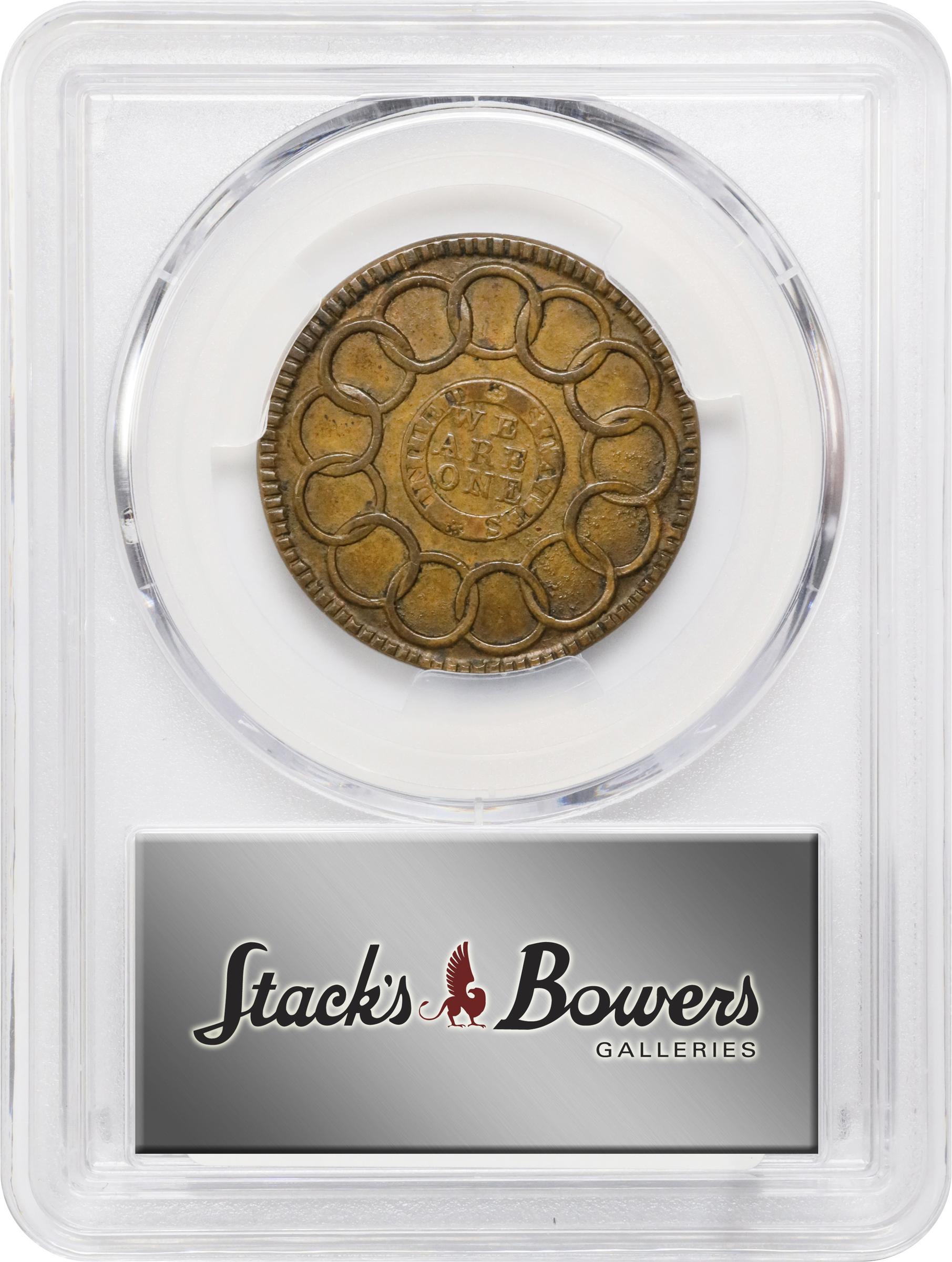 image for: "1787" (ca. 1860) Fugio Cent. "New Haven Restrike," Horatio Rust Strike. Newman 104-FF, W-17560. Rarity-3. Red Brass. AU-58 (PCGS).