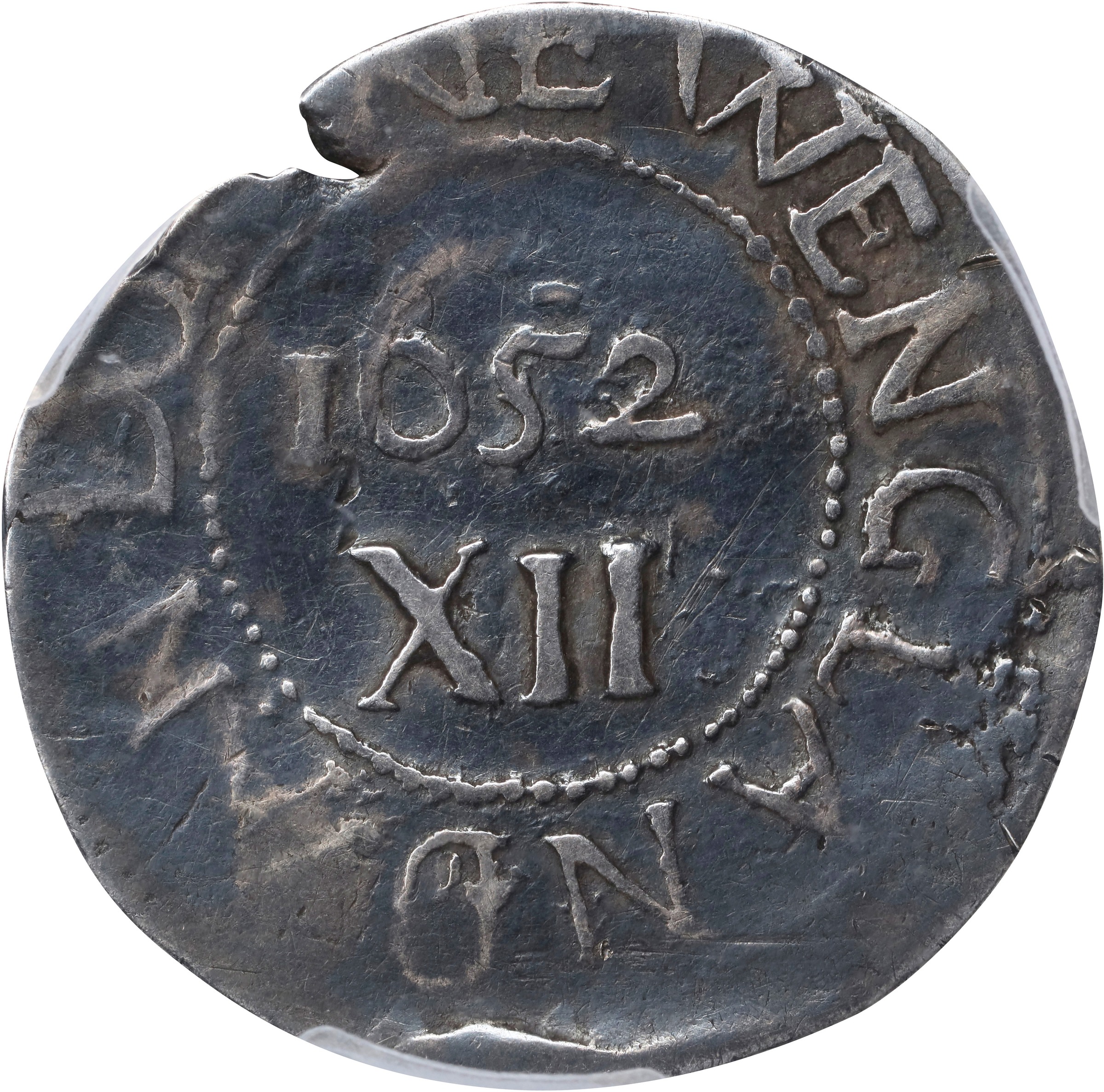 image for: 1652 Oak Tree Shilling. Noe-1, Salmon 1-A, W-430. Rarity-3. IN at Left. VF-30 (PCGS).