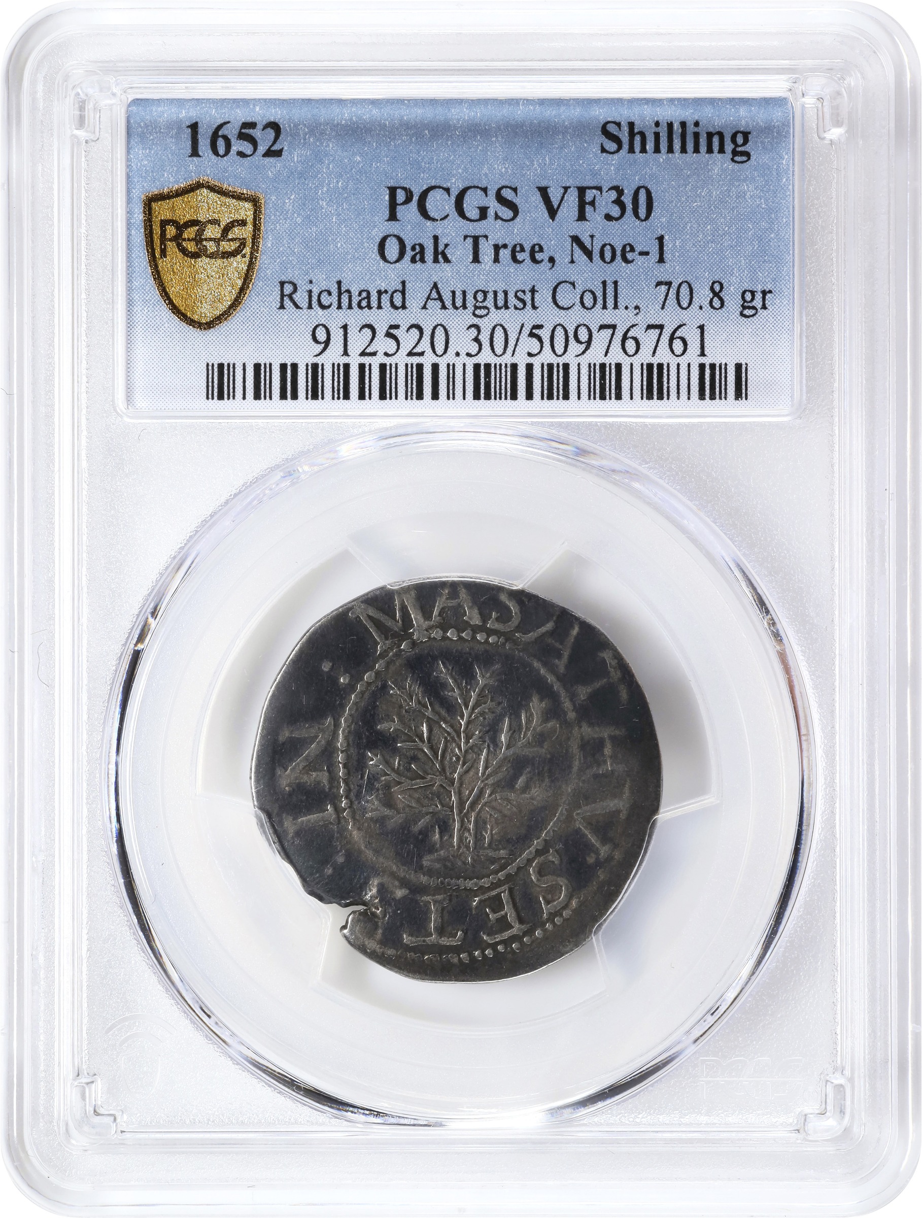 image for: 1652 Oak Tree Shilling. Noe-1, Salmon 1-A, W-430. Rarity-3. IN at Left. VF-30 (PCGS).
