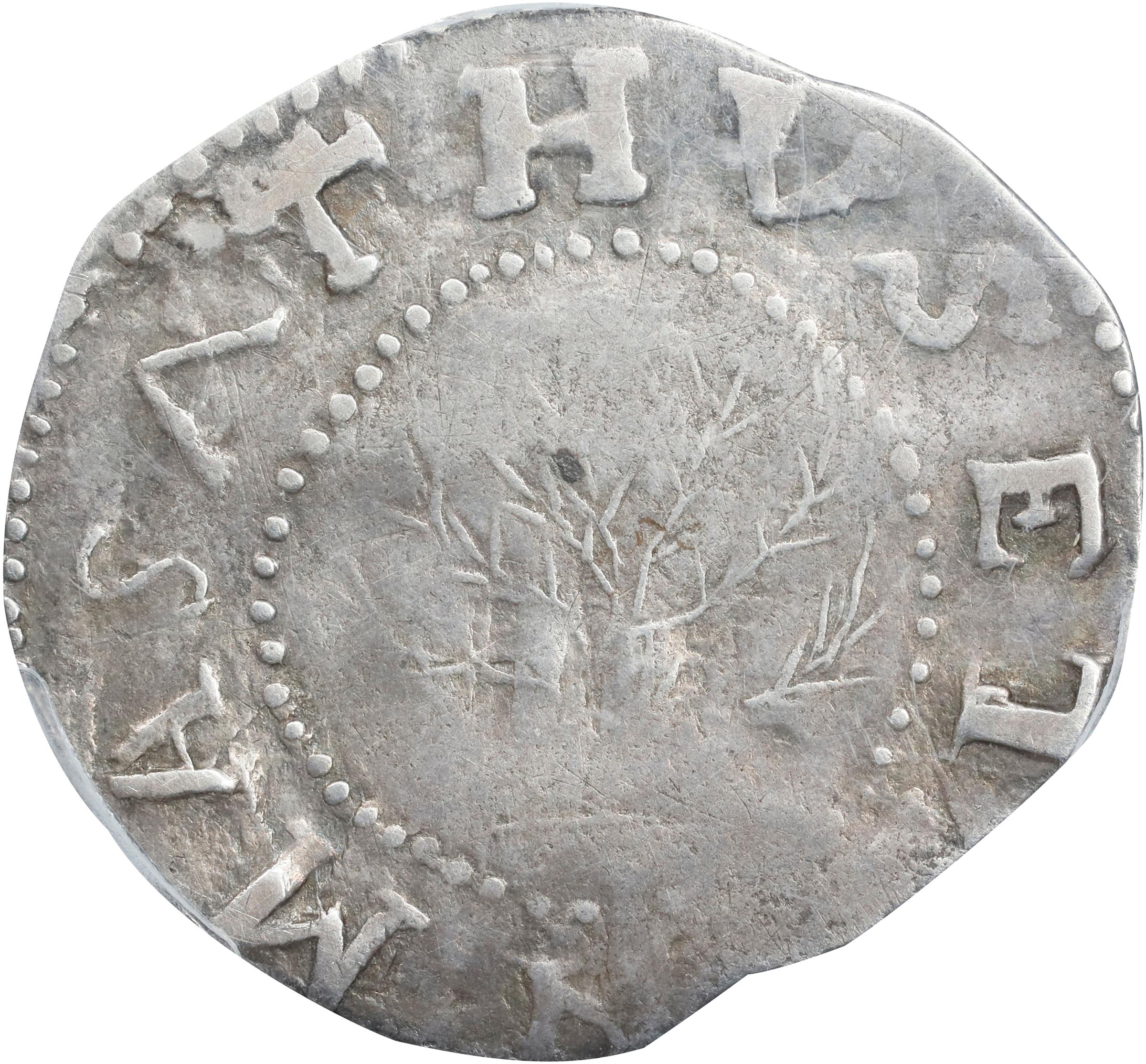 image for: 1652 Oak Tree Shilling. Noe-7, Salmon 5-D, W-480. Rarity-5. IN at Bottom. VF-25 (PCGS).