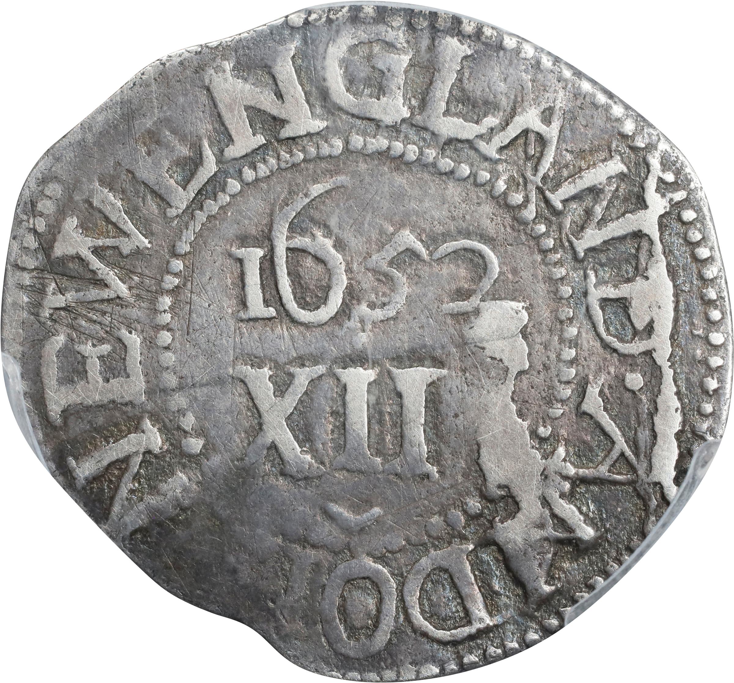 image for: 1652 Oak Tree Shilling. Noe-7, Salmon 5-D, W-480. Rarity-5. IN at Bottom. VF-25 (PCGS).