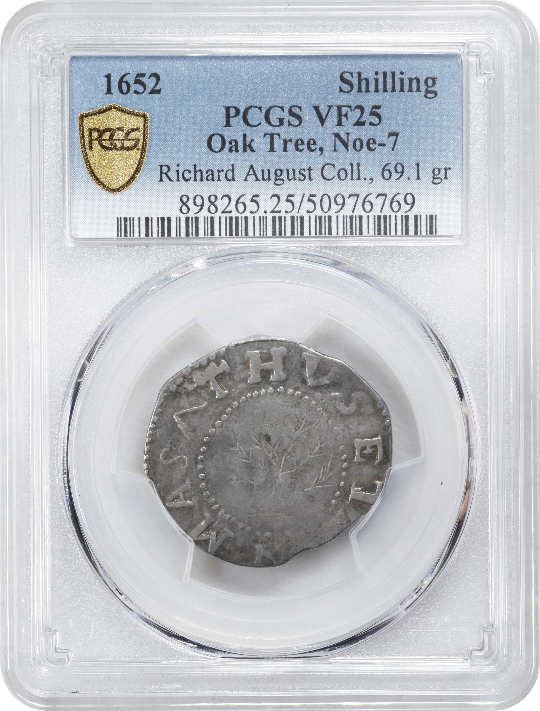 image for: 1652 Oak Tree Shilling. Noe-7, Salmon 5-D, W-480. Rarity-5. IN at Bottom. VF-25 (PCGS).