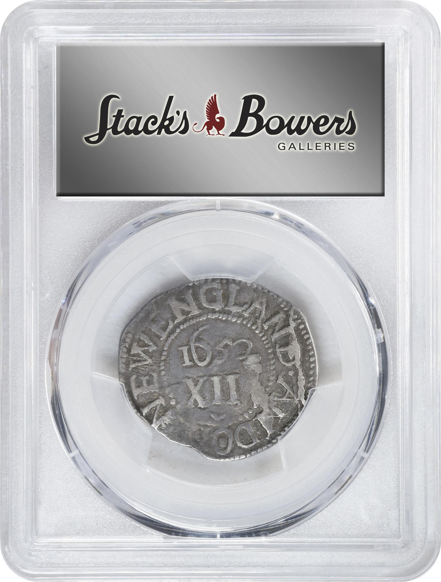 image for: 1652 Oak Tree Shilling. Noe-7, Salmon 5-D, W-480. Rarity-5. IN at Bottom. VF-25 (PCGS).