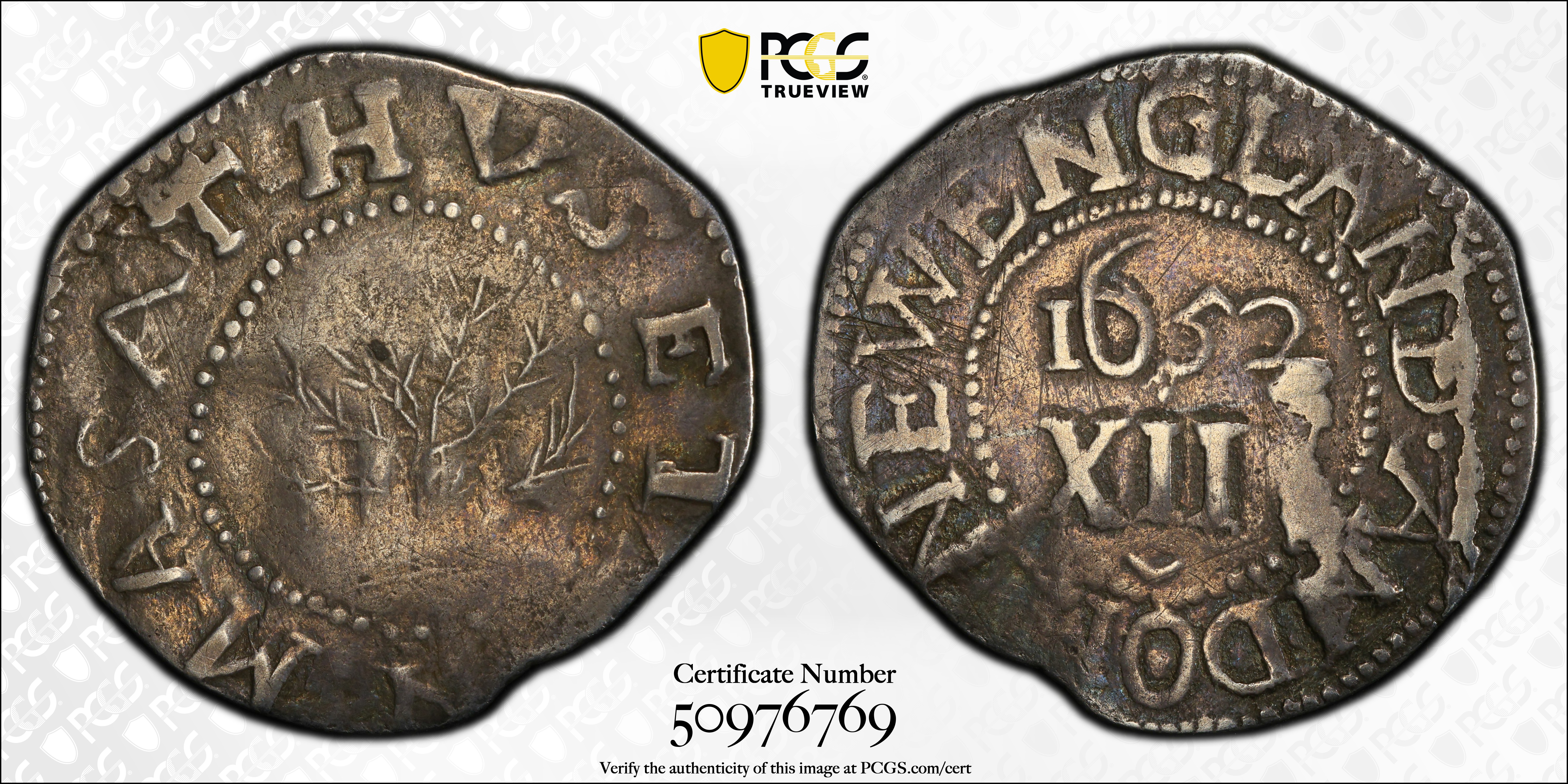 image for: 1652 Oak Tree Shilling. Noe-7, Salmon 5-D, W-480. Rarity-5. IN at Bottom. VF-25 (PCGS).