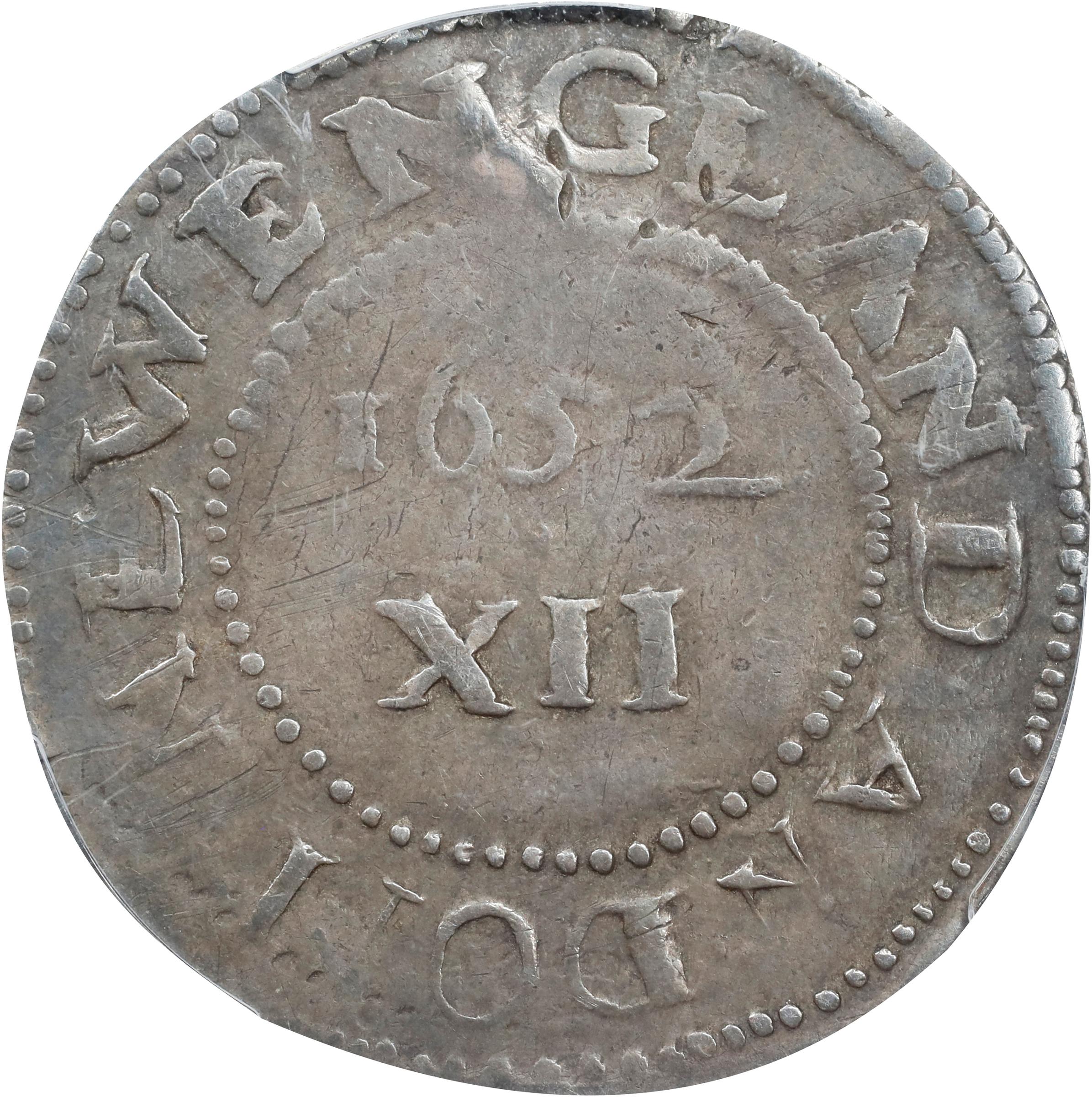 image for: 1652 Oak Tree Shilling. Noe-8, Salmon 6-E, W-490. Rarity-6+. IN at Bottom. VF-35 (PCGS).