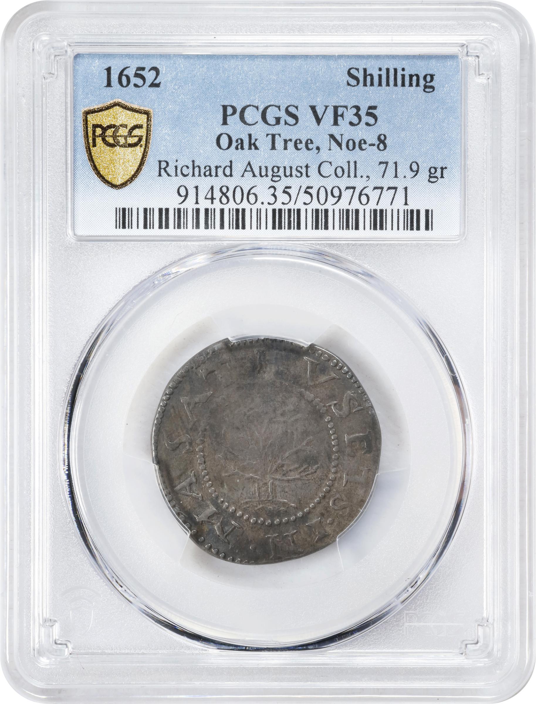 image for: 1652 Oak Tree Shilling. Noe-8, Salmon 6-E, W-490. Rarity-6+. IN at Bottom. VF-35 (PCGS).
