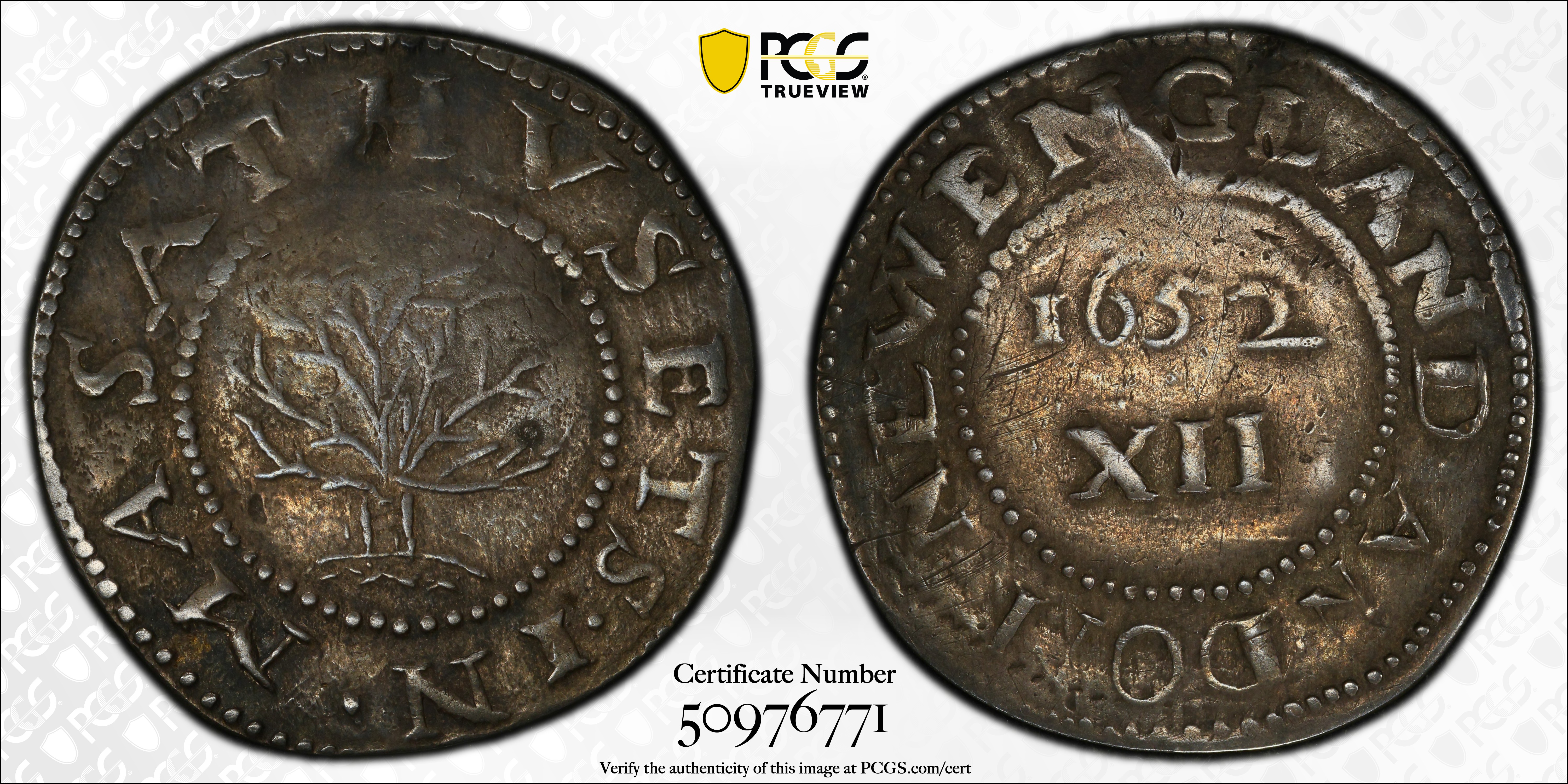 image for: 1652 Oak Tree Shilling. Noe-8, Salmon 6-E, W-490. Rarity-6+. IN at Bottom. VF-35 (PCGS).