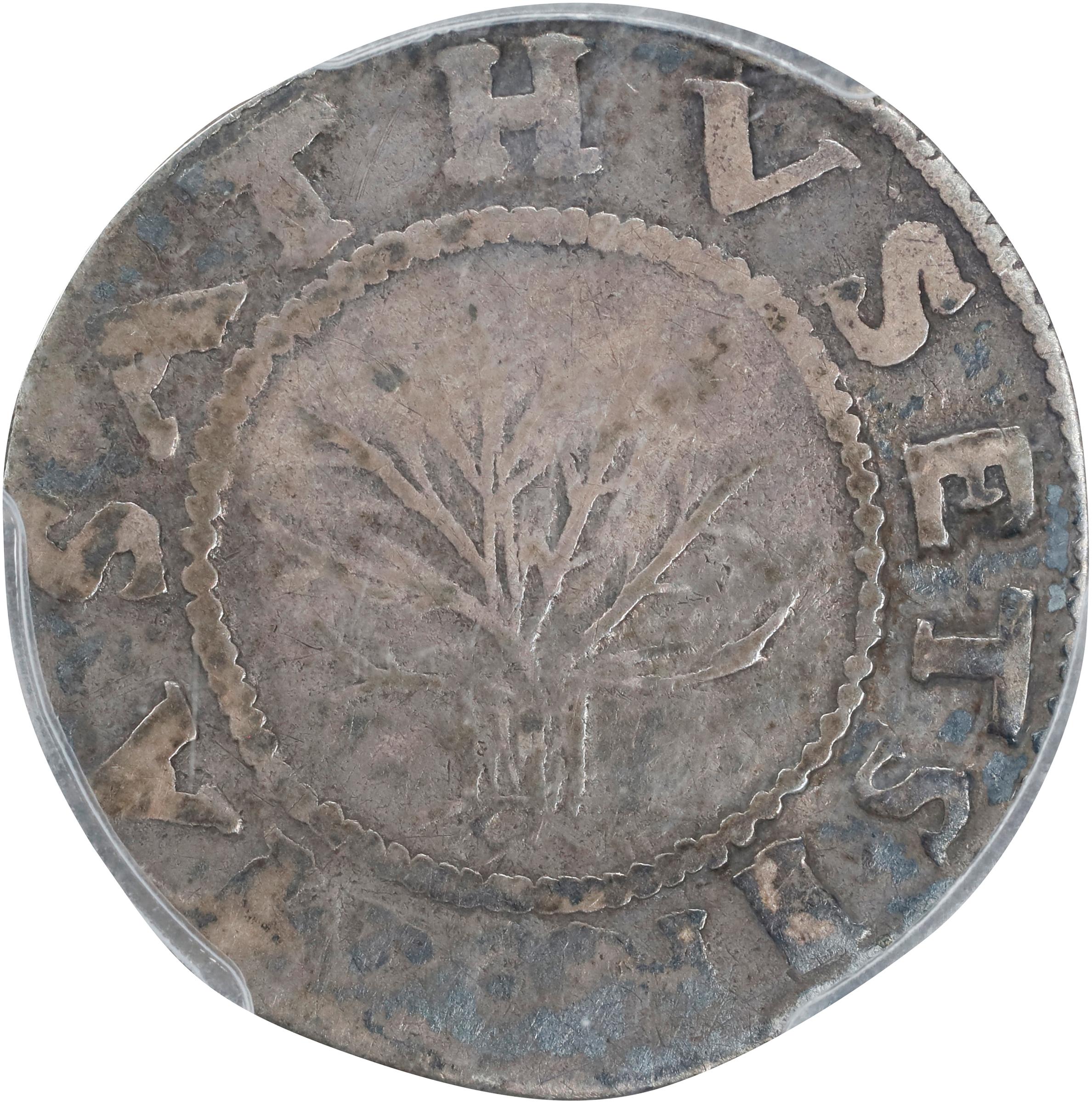 image for: 1652 Oak Tree Shilling. Noe-9, Salmon 7-Ei, W-500. Rarity-5. IN at Bottom. VF-20 (PCGS).