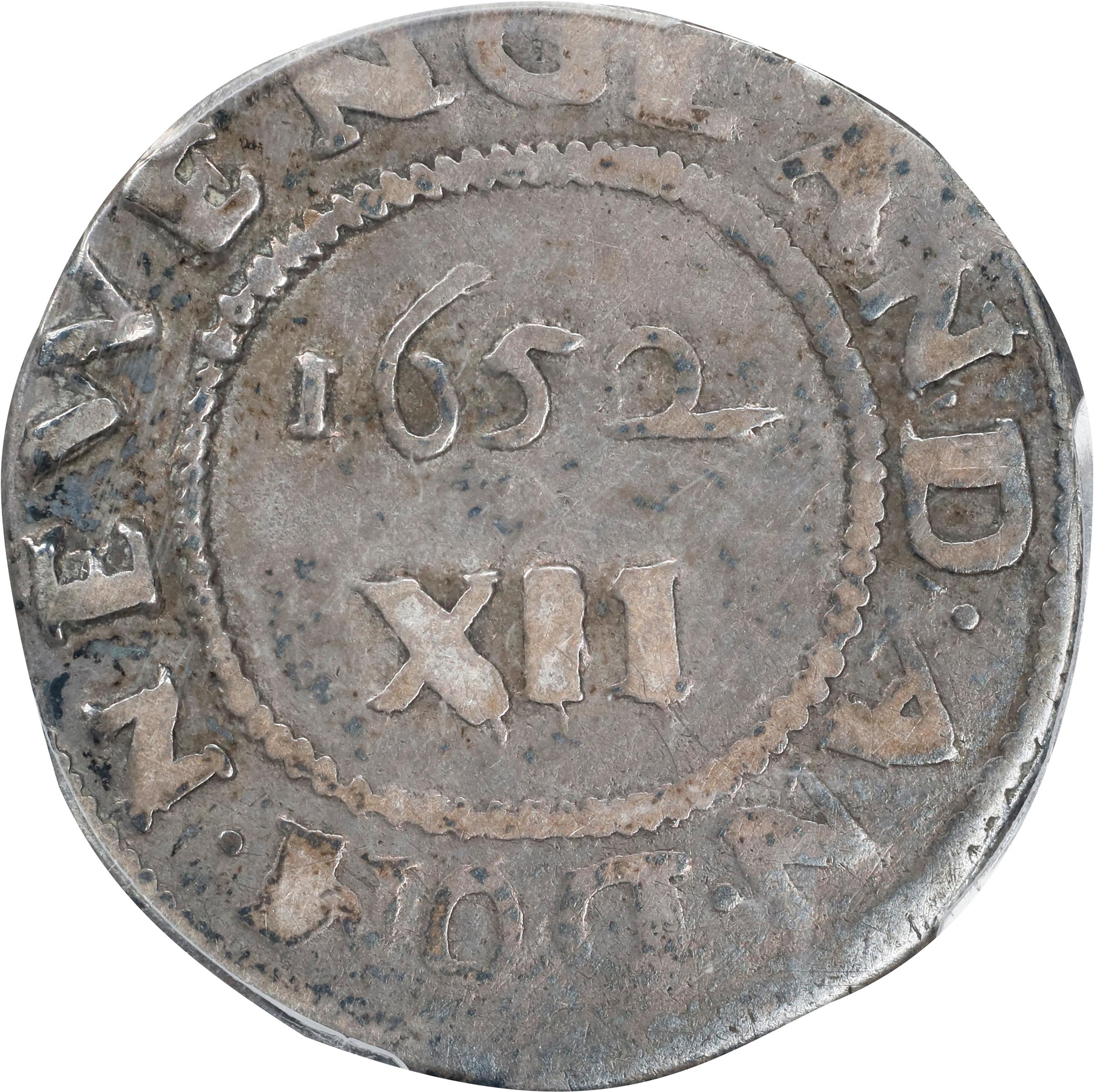 image for: 1652 Oak Tree Shilling. Noe-9, Salmon 7-Ei, W-500. Rarity-5. IN at Bottom. VF-20 (PCGS).