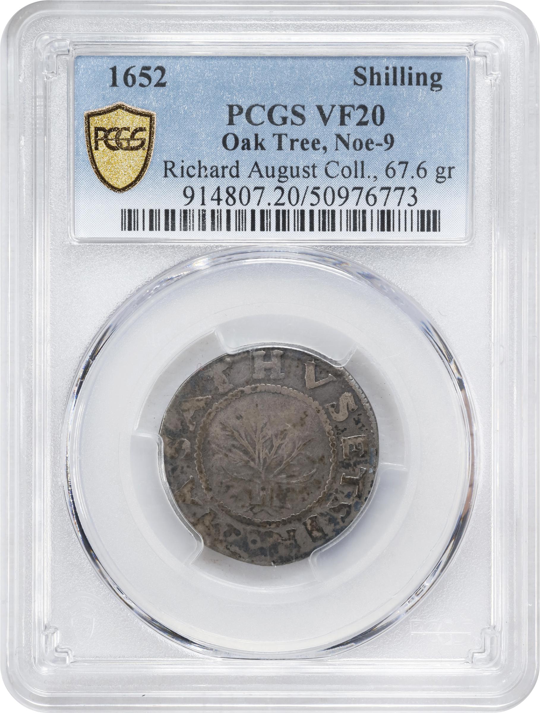 image for: 1652 Oak Tree Shilling. Noe-9, Salmon 7-Ei, W-500. Rarity-5. IN at Bottom. VF-20 (PCGS).