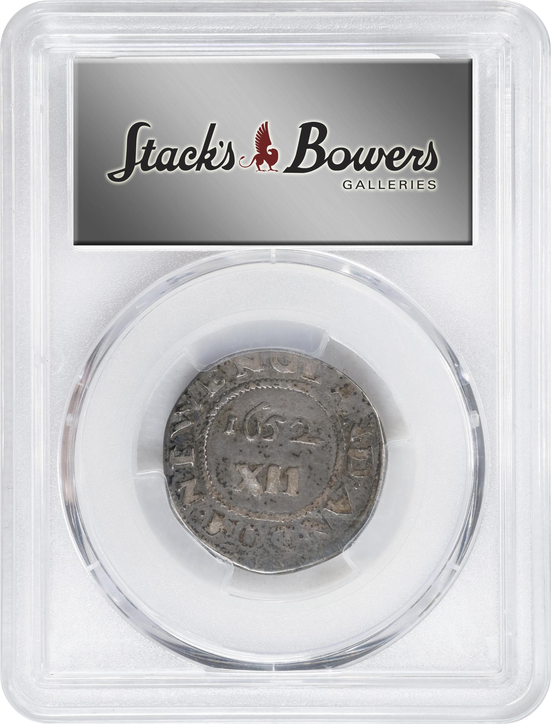 image for: 1652 Oak Tree Shilling. Noe-9, Salmon 7-Ei, W-500. Rarity-5. IN at Bottom. VF-20 (PCGS).