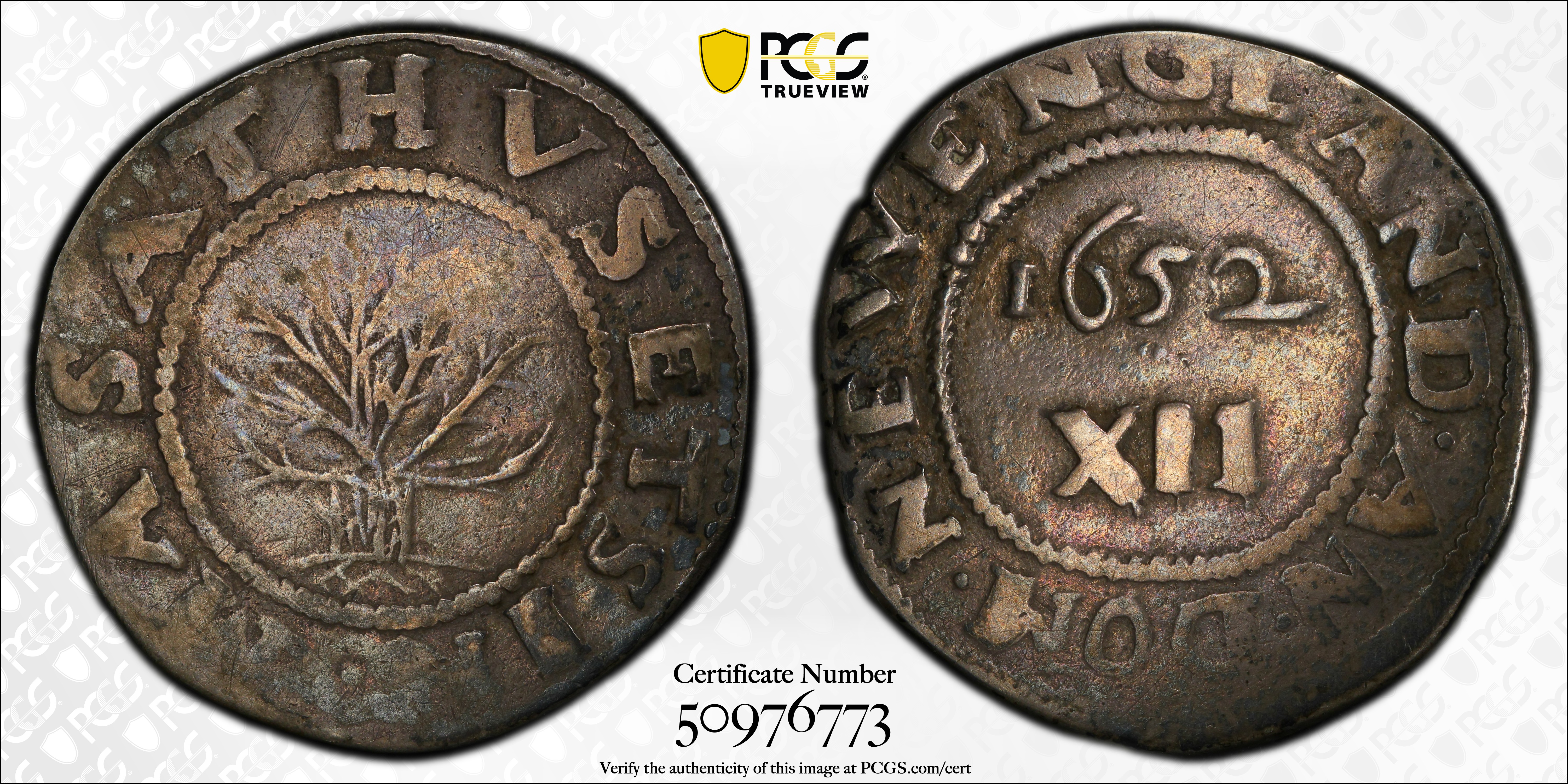 image for: 1652 Oak Tree Shilling. Noe-9, Salmon 7-Ei, W-500. Rarity-5. IN at Bottom. VF-20 (PCGS).