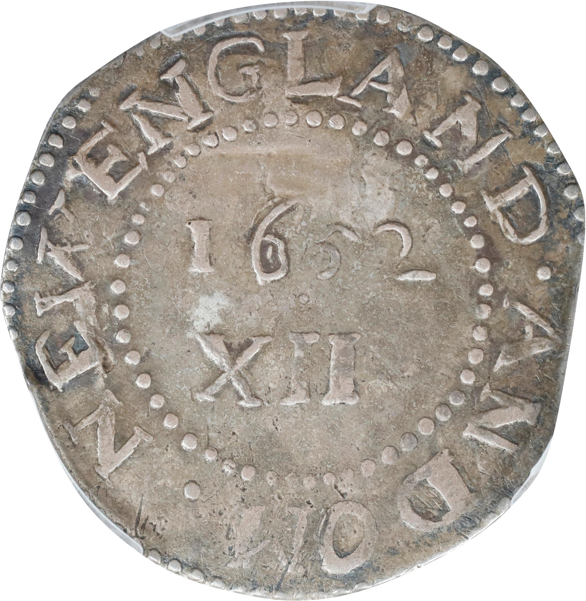 image for: 1652 Oak Tree Shilling. Noe-11, Salmon 9-Fi, W-510. Rarity-6. IN at Bottom. VF-35 (PCGS).